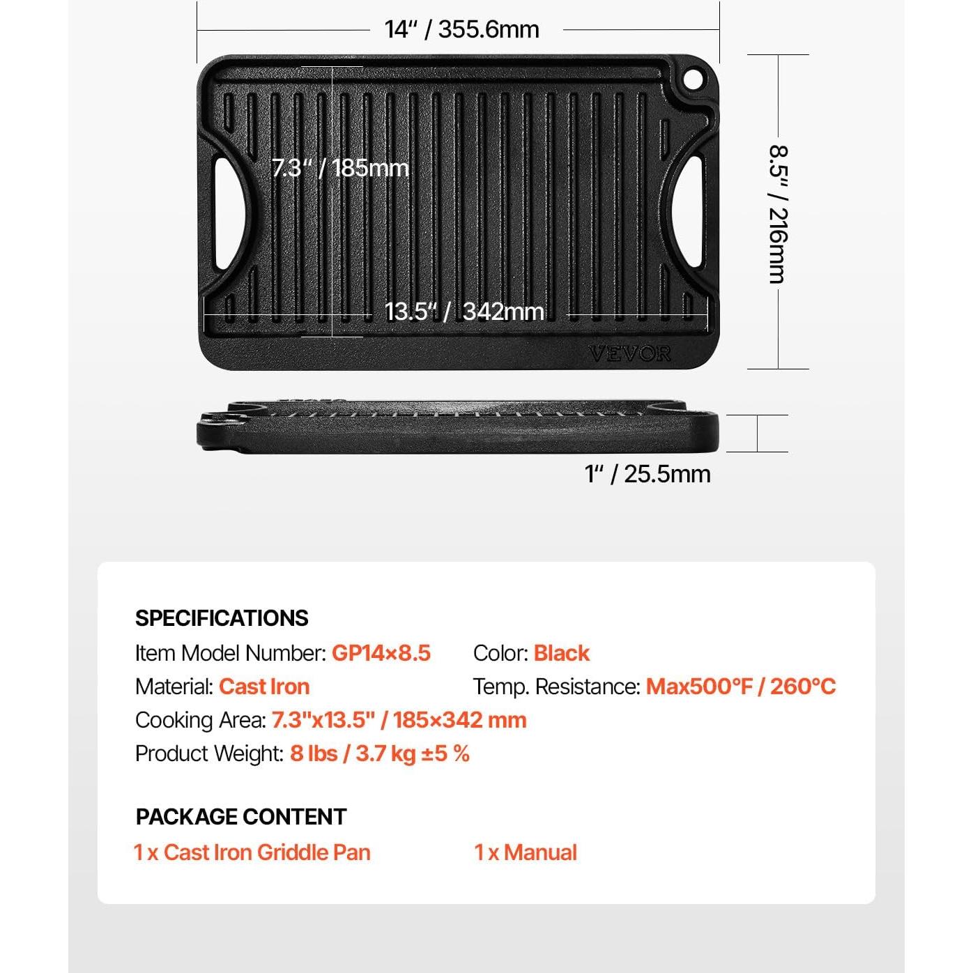Parrilla Reversible VEVOR de Hierro Fundido 35.6x21.6 cm
