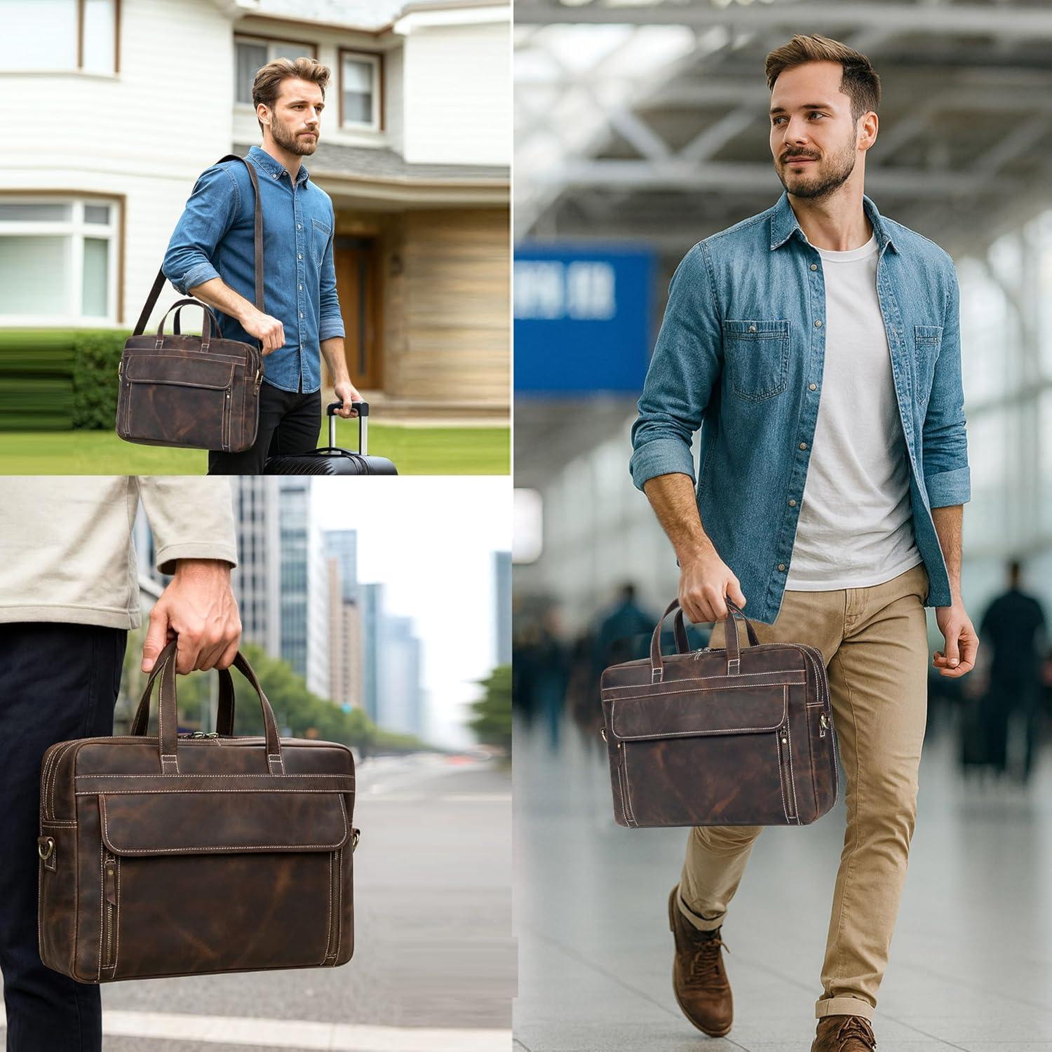 Maletín de Cuero Italiano Marrón para Hombres 16.5"