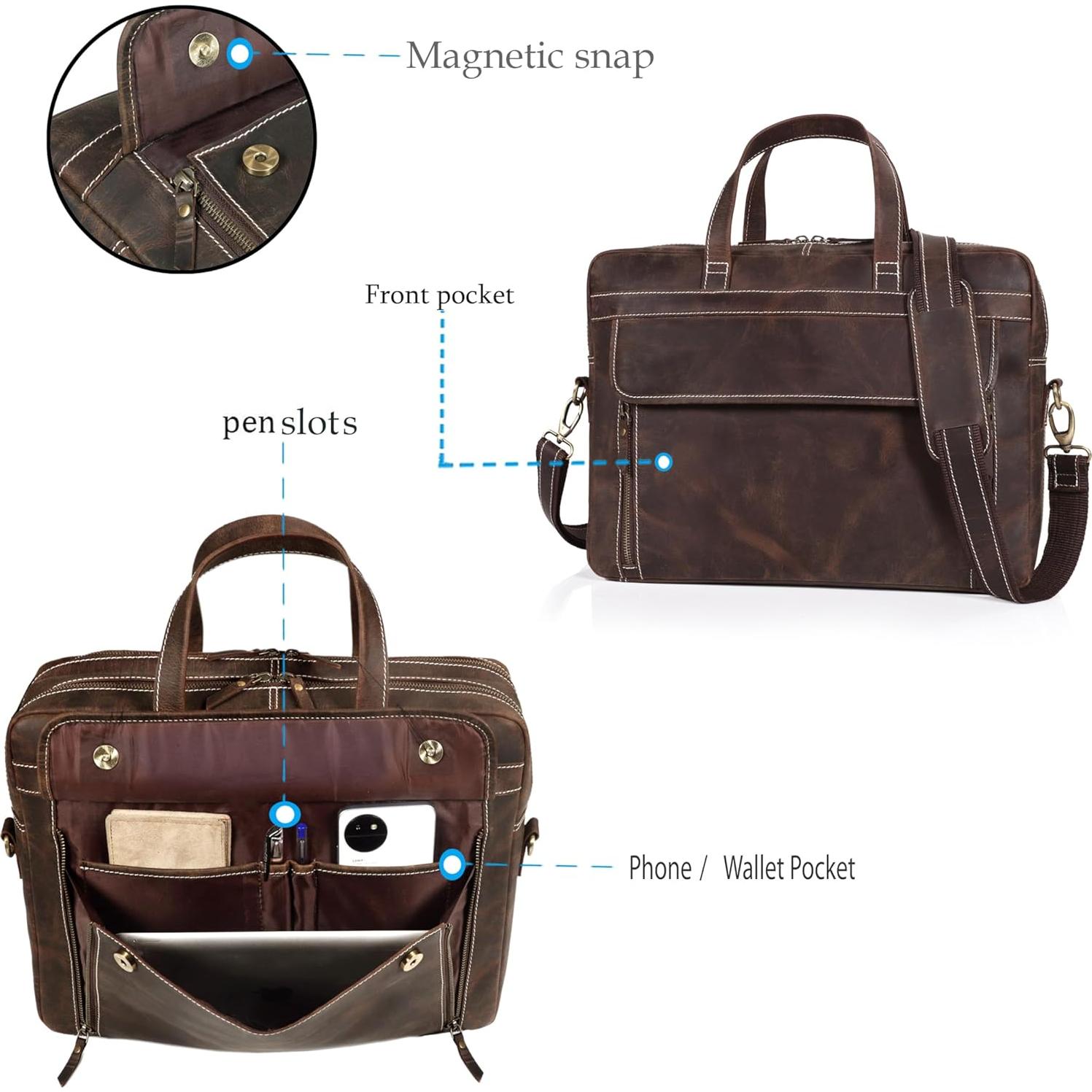 Maletín de Cuero Italiano Marrón para Hombres 16.5"