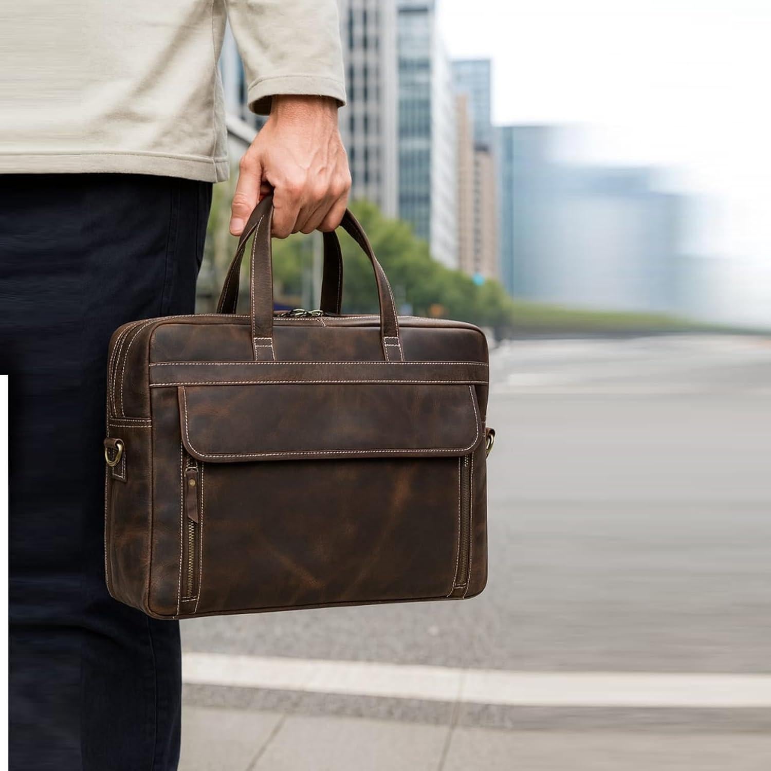 Maletín de Cuero Italiano Marrón para Hombres 16.5"