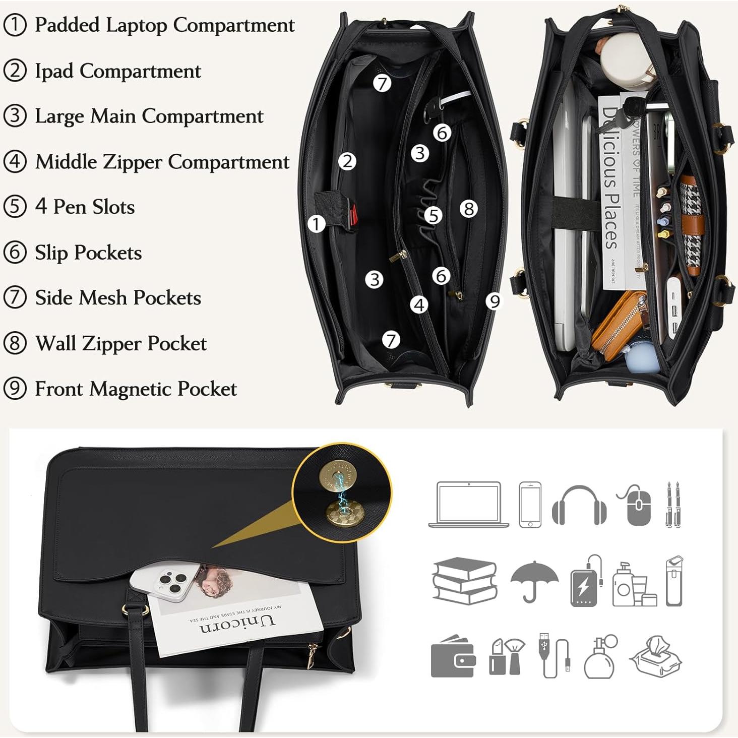 Bolsa para portátil Rainsmore mujer 15.6" cuero negro