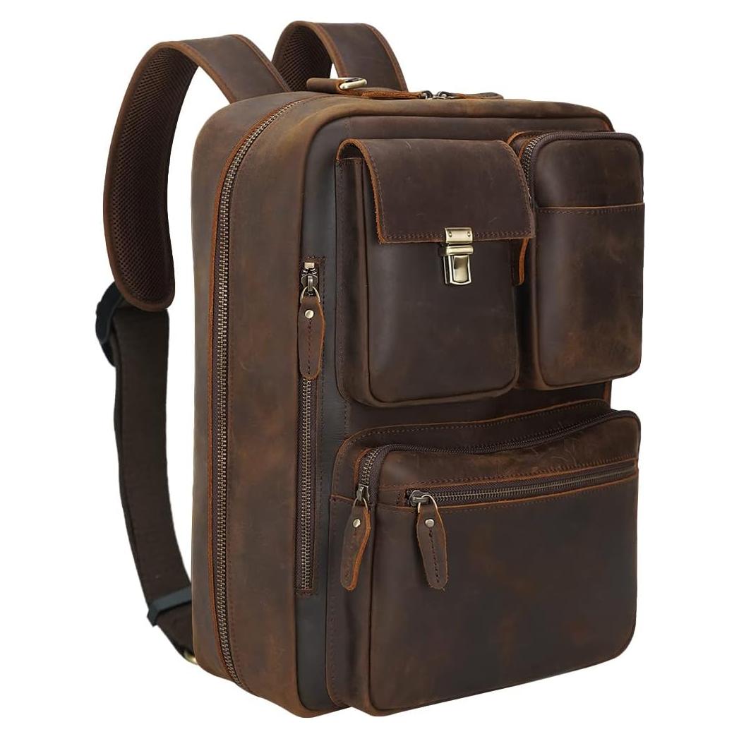 Mochila de Cuero TIDING 15.6" para Laptop - Marrón Oscuro