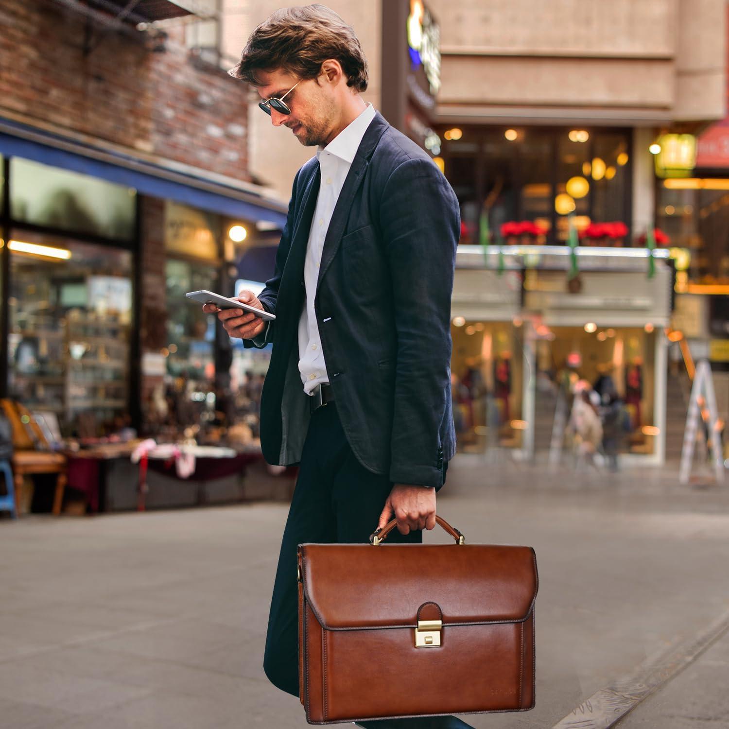 Maletín de Cuero Vintage Banuce 14" para Hombres Marrón