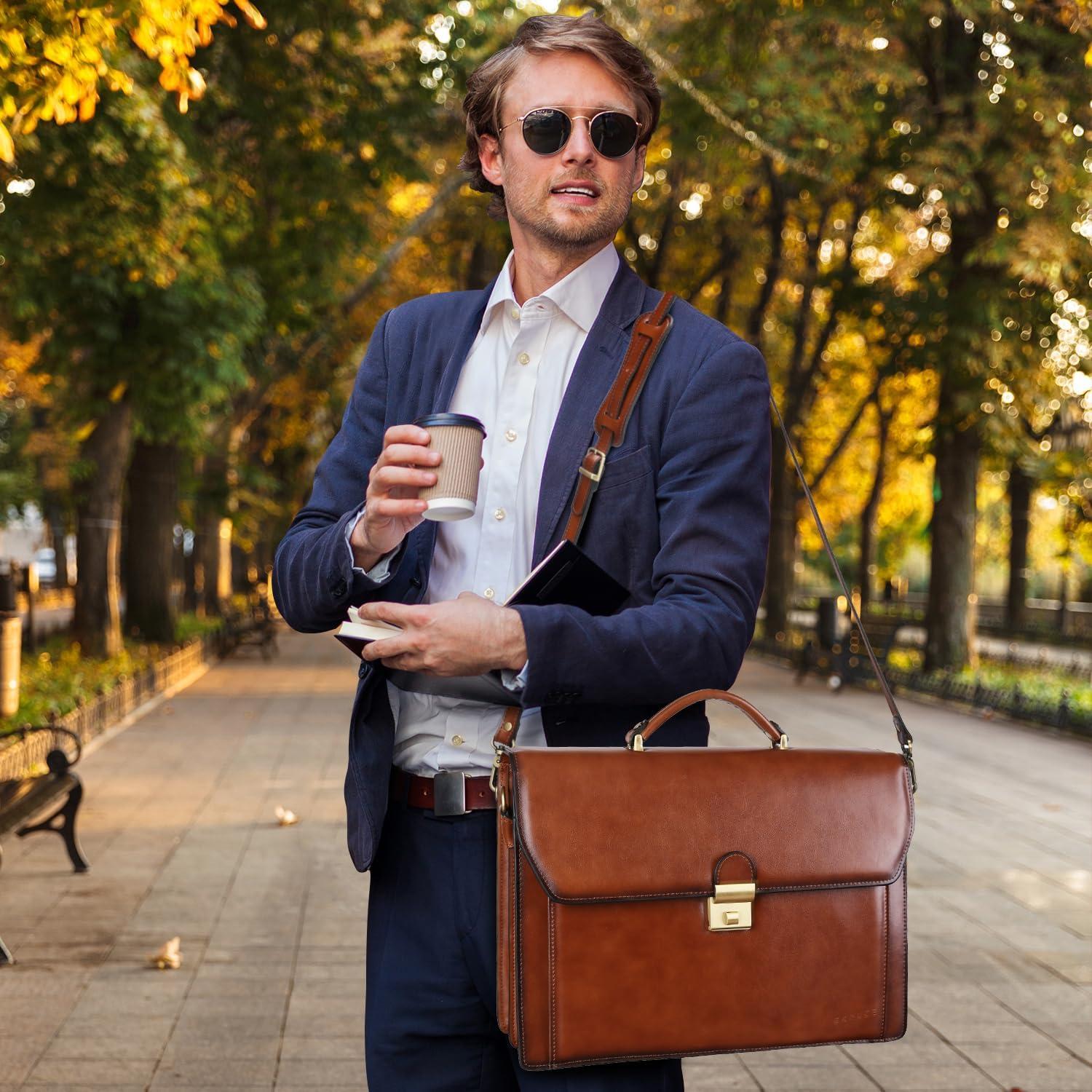 Maletín de Cuero Vintage Banuce 14" para Hombres Marrón