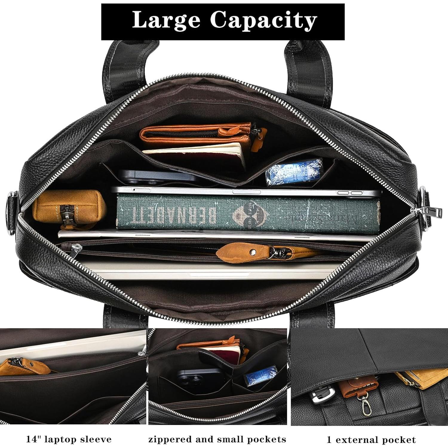 Maletín de Cuero Genuino SAIION para Hombres 15.6" Negro