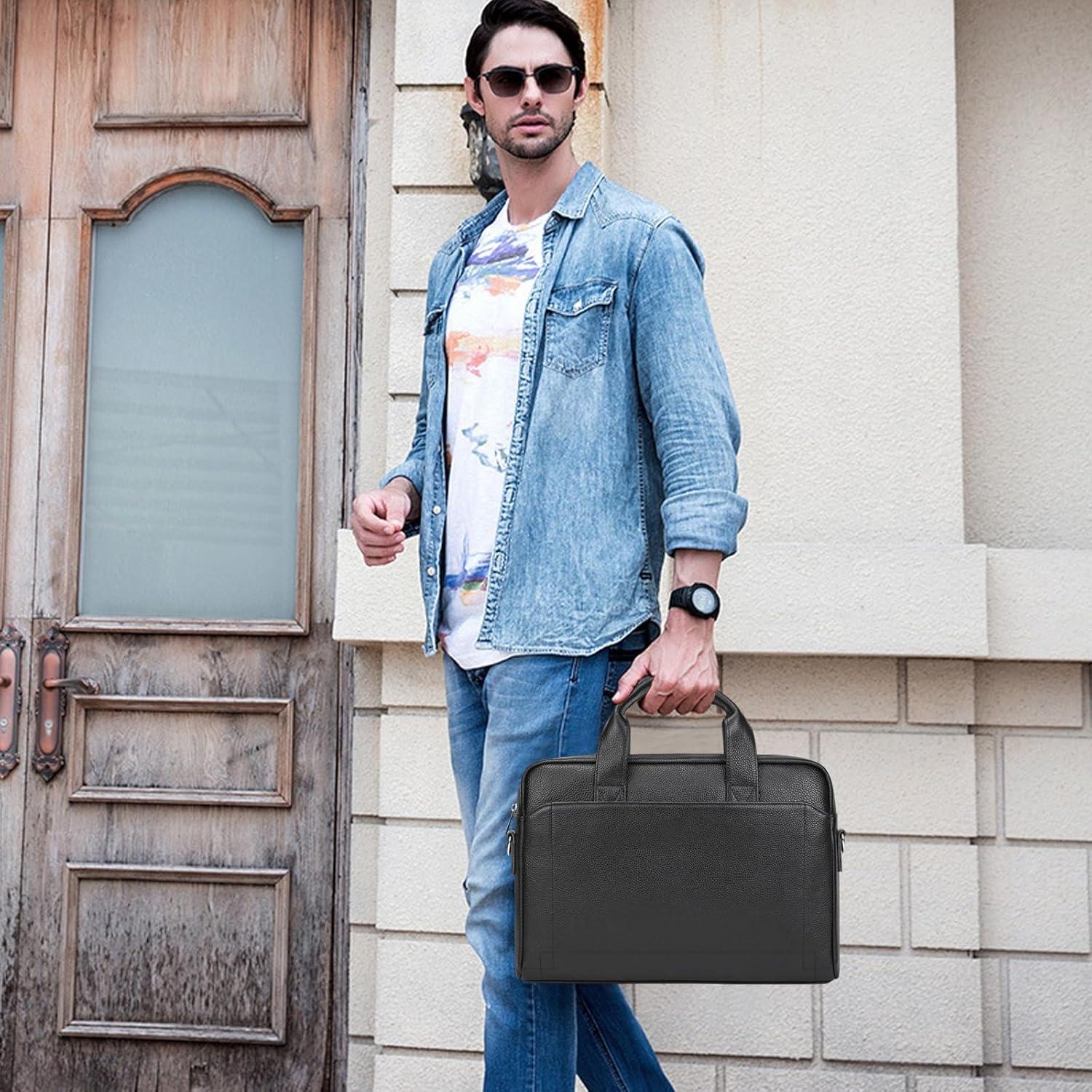 Maletín de Cuero Genuino SAIION para Hombres 15.6" Negro