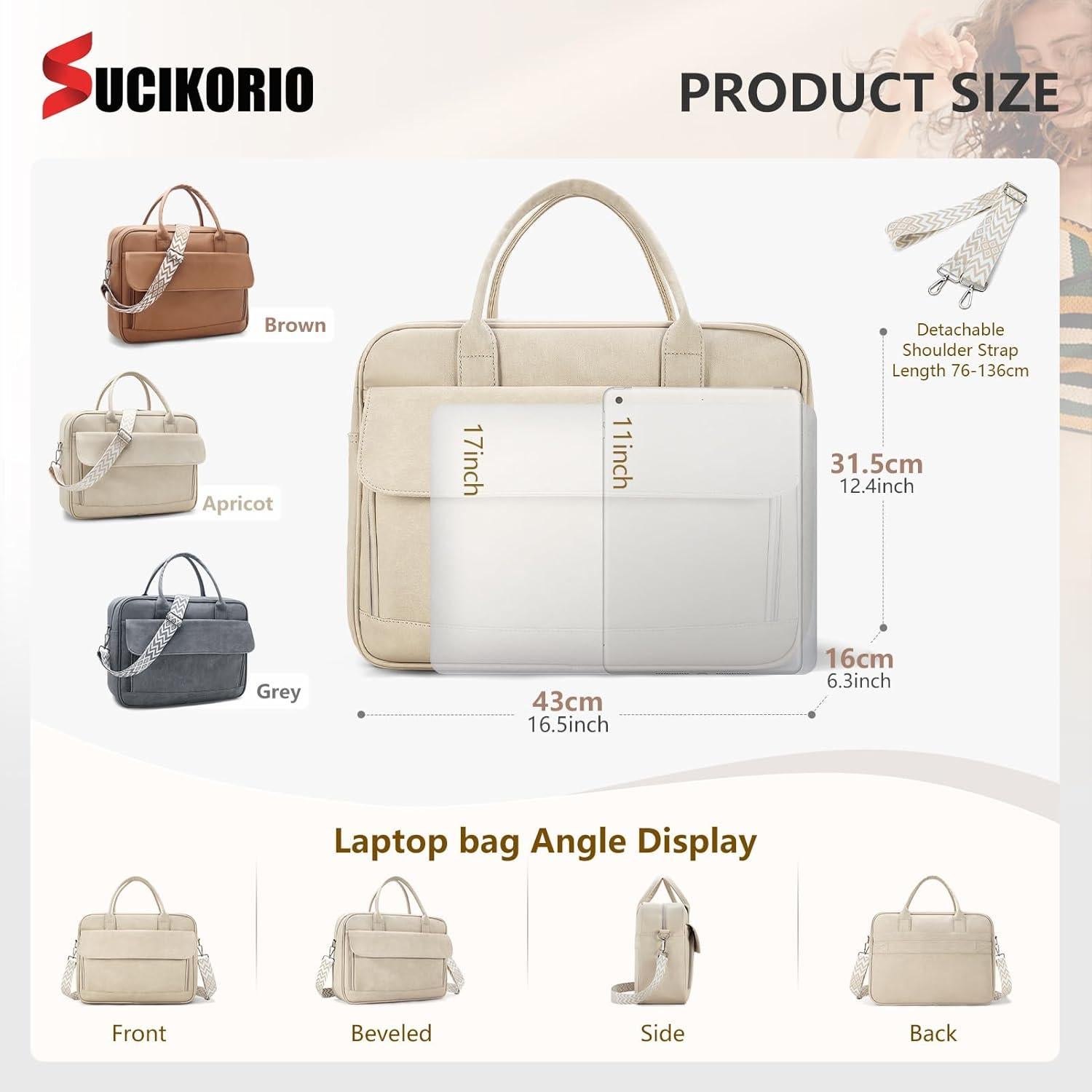 Bolsa Tote SUCIKORIO para Laptop 17.3" Cuero PU Gris