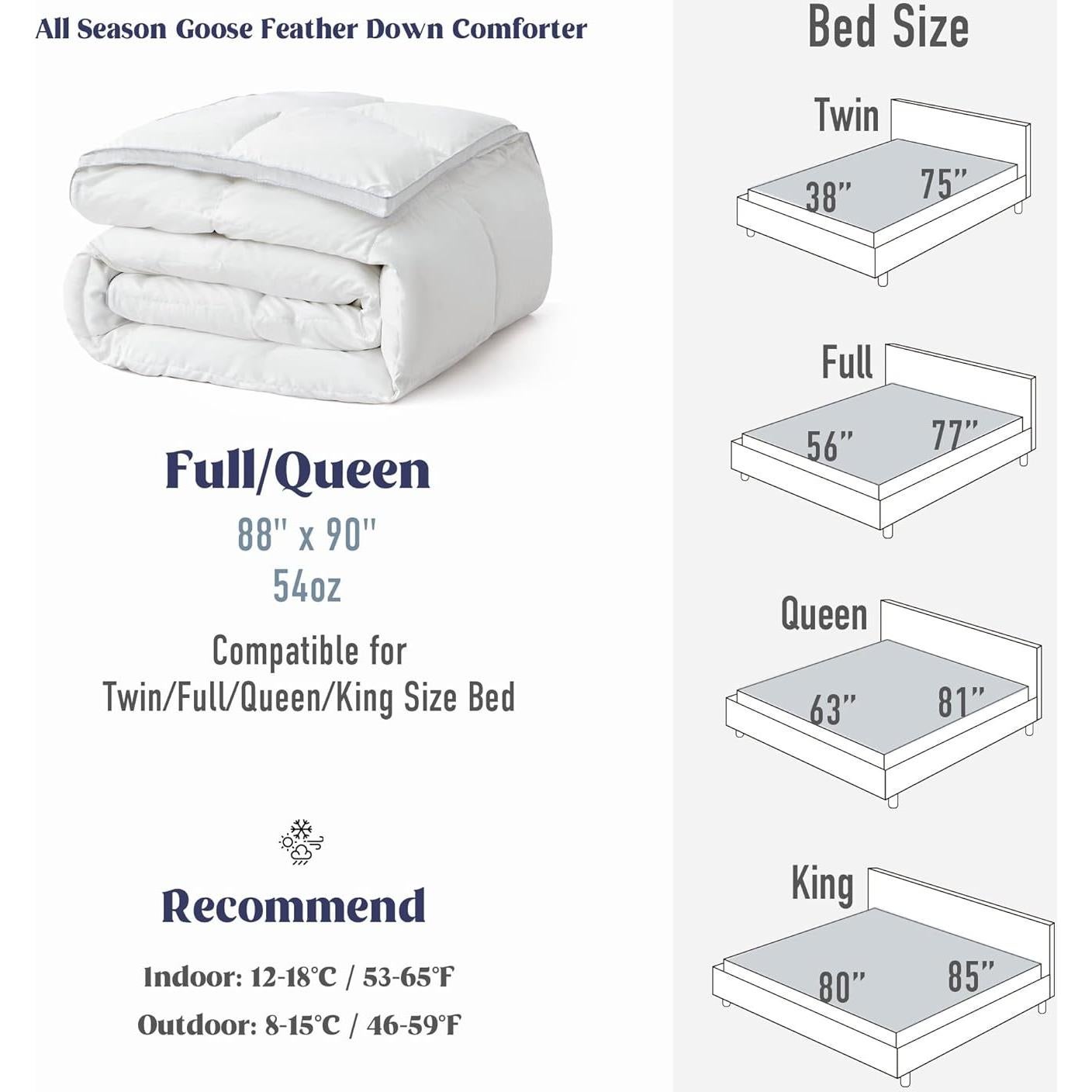 Edredón de Plumas de Ganso Puredown Queen Blanco 228x223 cm