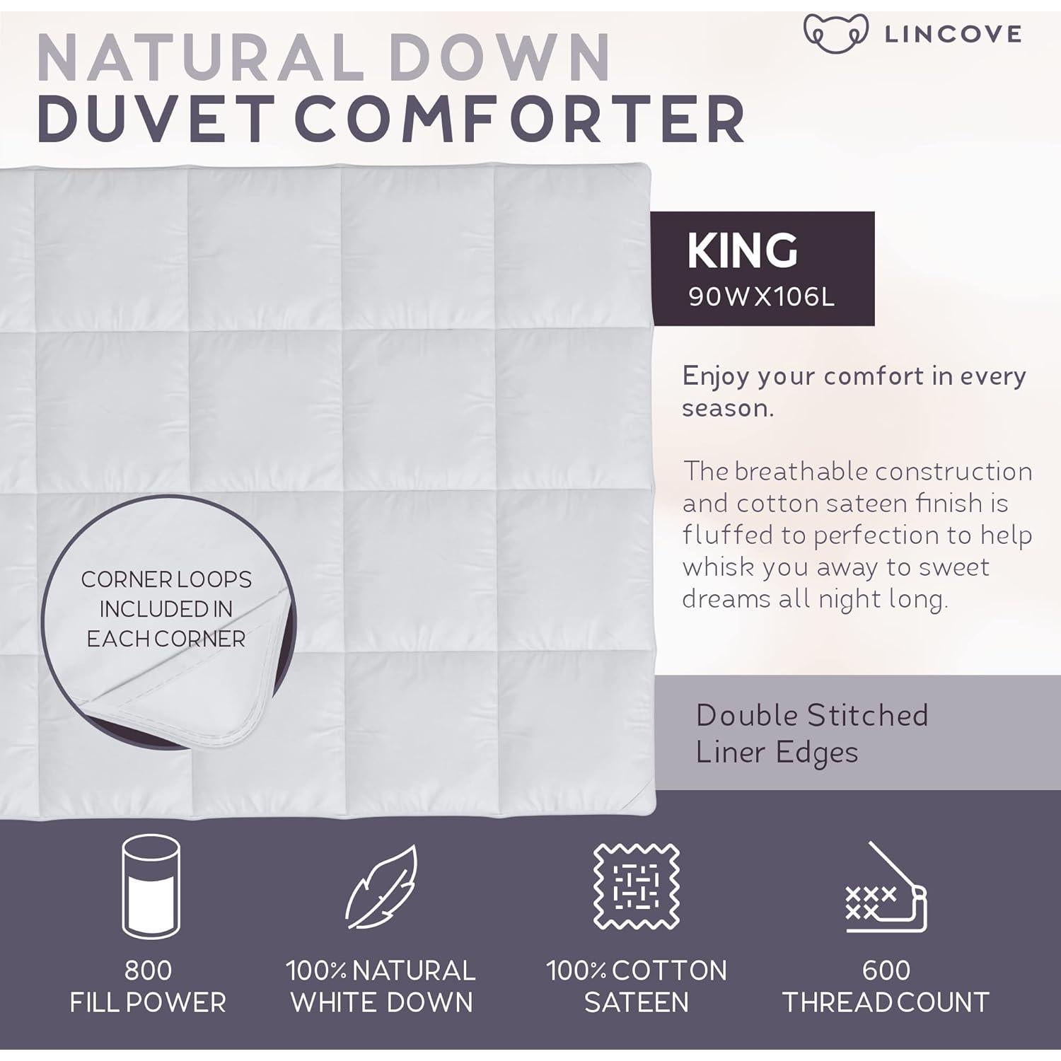 Edredón de Plumas Lincove Rey - 100% Algodón Satén, 600 Hilos