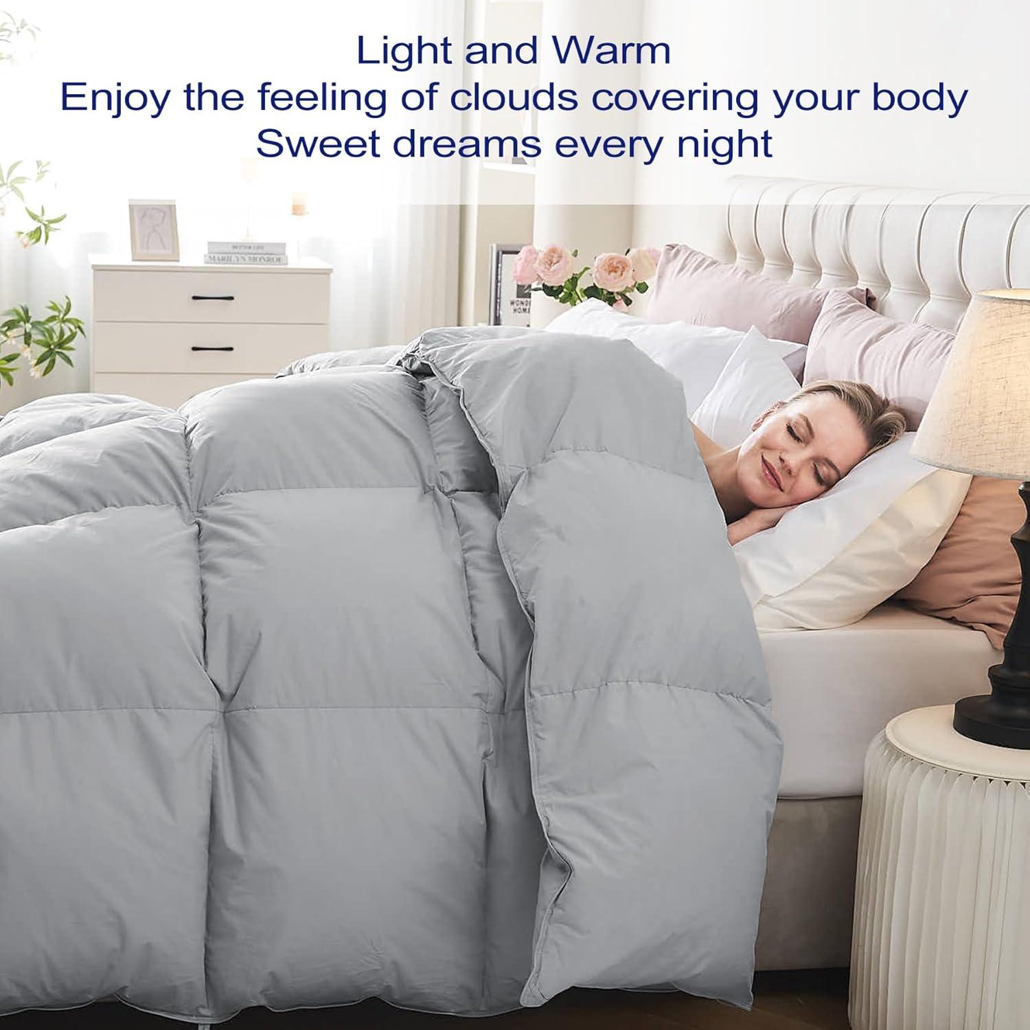 Luxury Queen Size Feather Down Comforter, High Fill Power Fluffy Duvet Insert, 100% Cotton Cover Skin-Friendly, Medium Weight for All Season Bedding with Corner Tabs, (90 x 90 Grey)