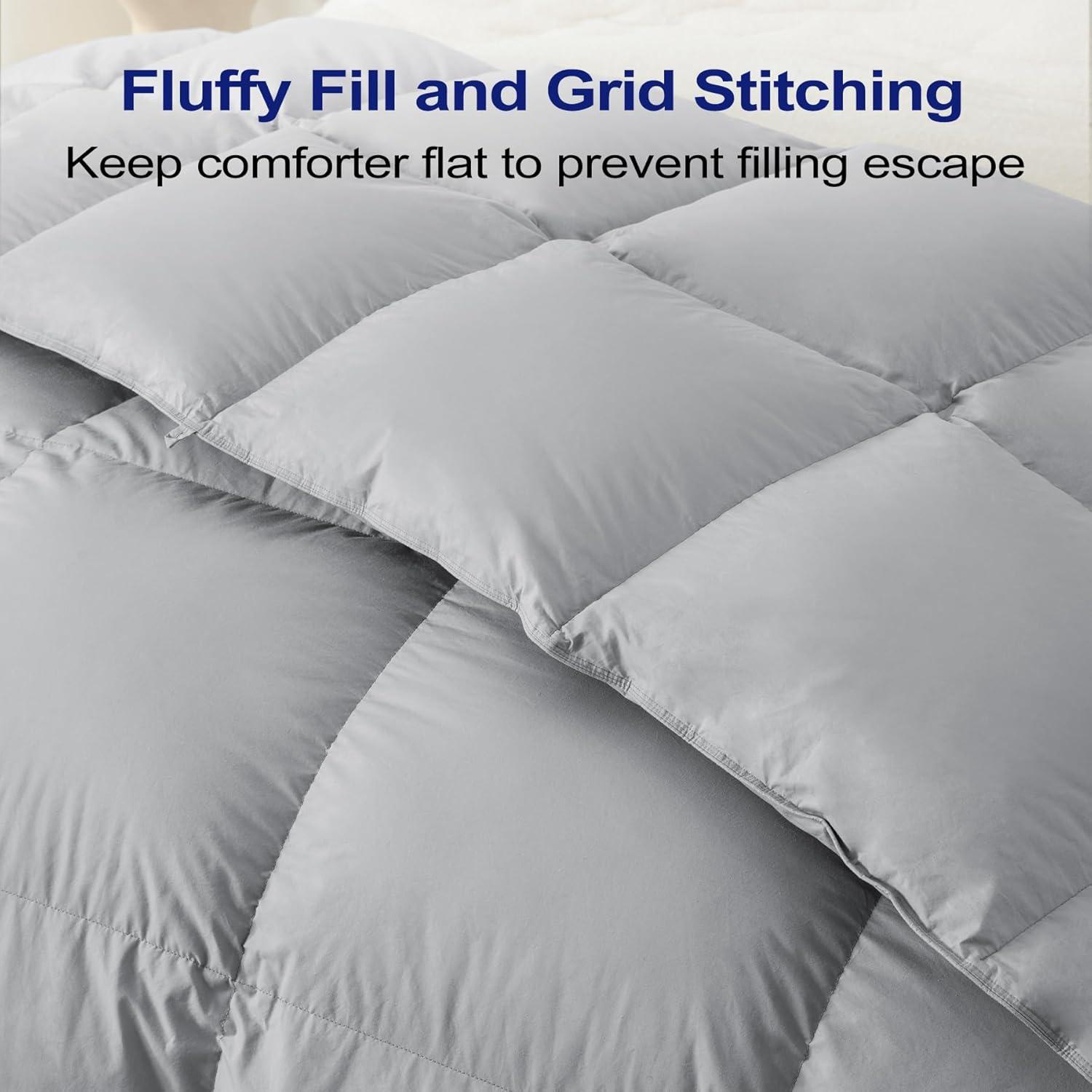 Luxury Queen Size Feather Down Comforter, High Fill Power Fluffy Duvet Insert, 100% Cotton Cover Skin-Friendly, Medium Weight for All Season Bedding with Corner Tabs, (90 x 90 Grey)