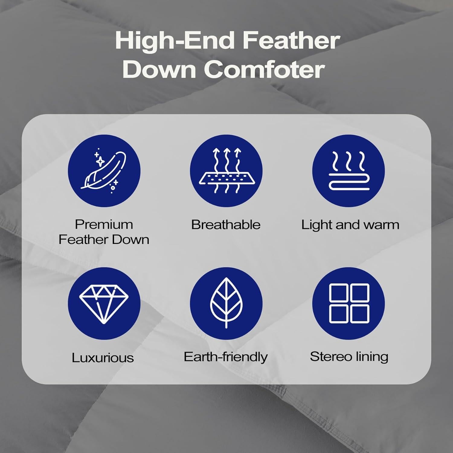 Luxury Queen Size Feather Down Comforter, High Fill Power Fluffy Duvet Insert, 100% Cotton Cover Skin-Friendly, Medium Weight for All Season Bedding with Corner Tabs, (90 x 90 Grey)