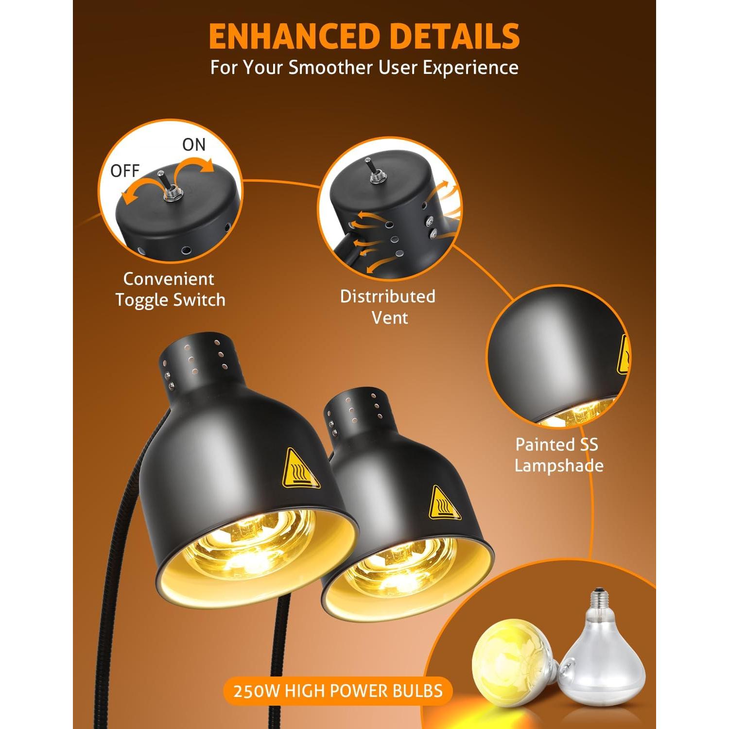 Lámpara de Calor WICHEMI 500W Doble Cabeza Ajustable para Alimentos