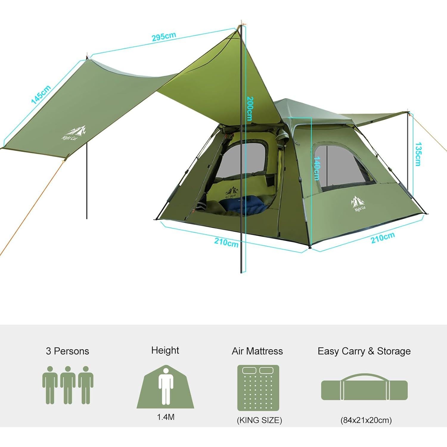Tienda de Camping Night Cat 3 Personas Impermeable 210x210 cm