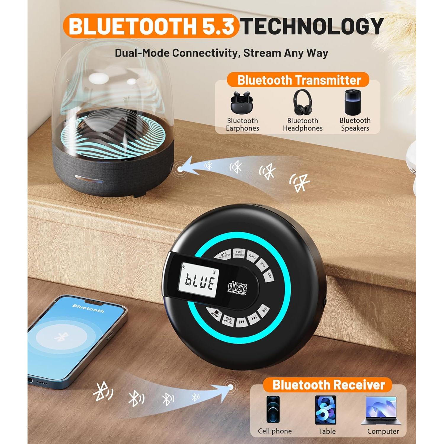 Reproductor de CD portátil Greadio CD36 con Bluetooth y FM