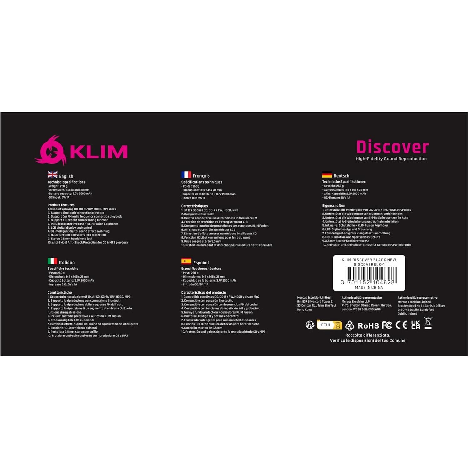 Reproductor de CD portátil KLIM Discover - Bluetooth, FM, SD