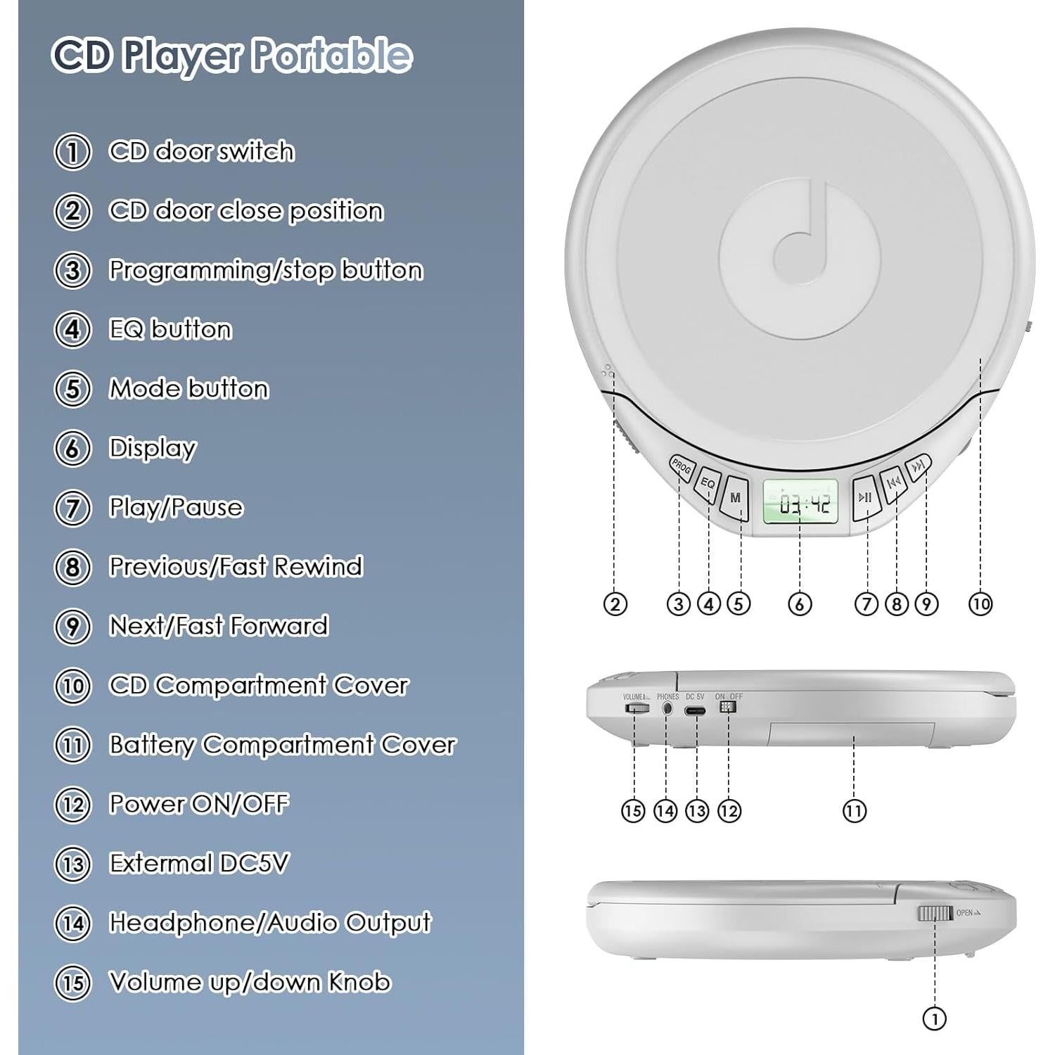 Reproductor de CD portátil Gueray H-01 con auriculares y anti-salto