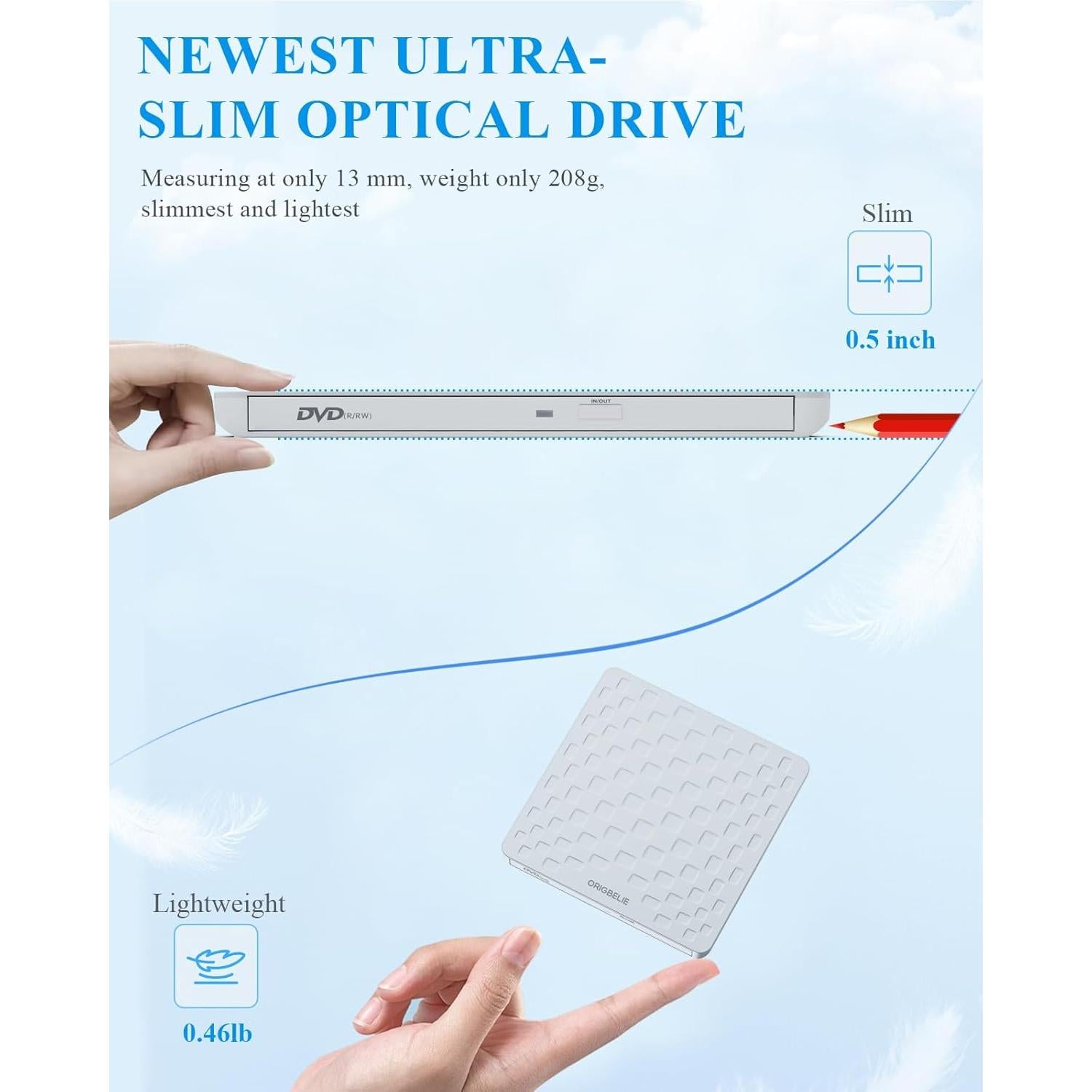Unidad Externa de CD/DVD ORIGBELIE Blanca Ultra Delgado 13mm