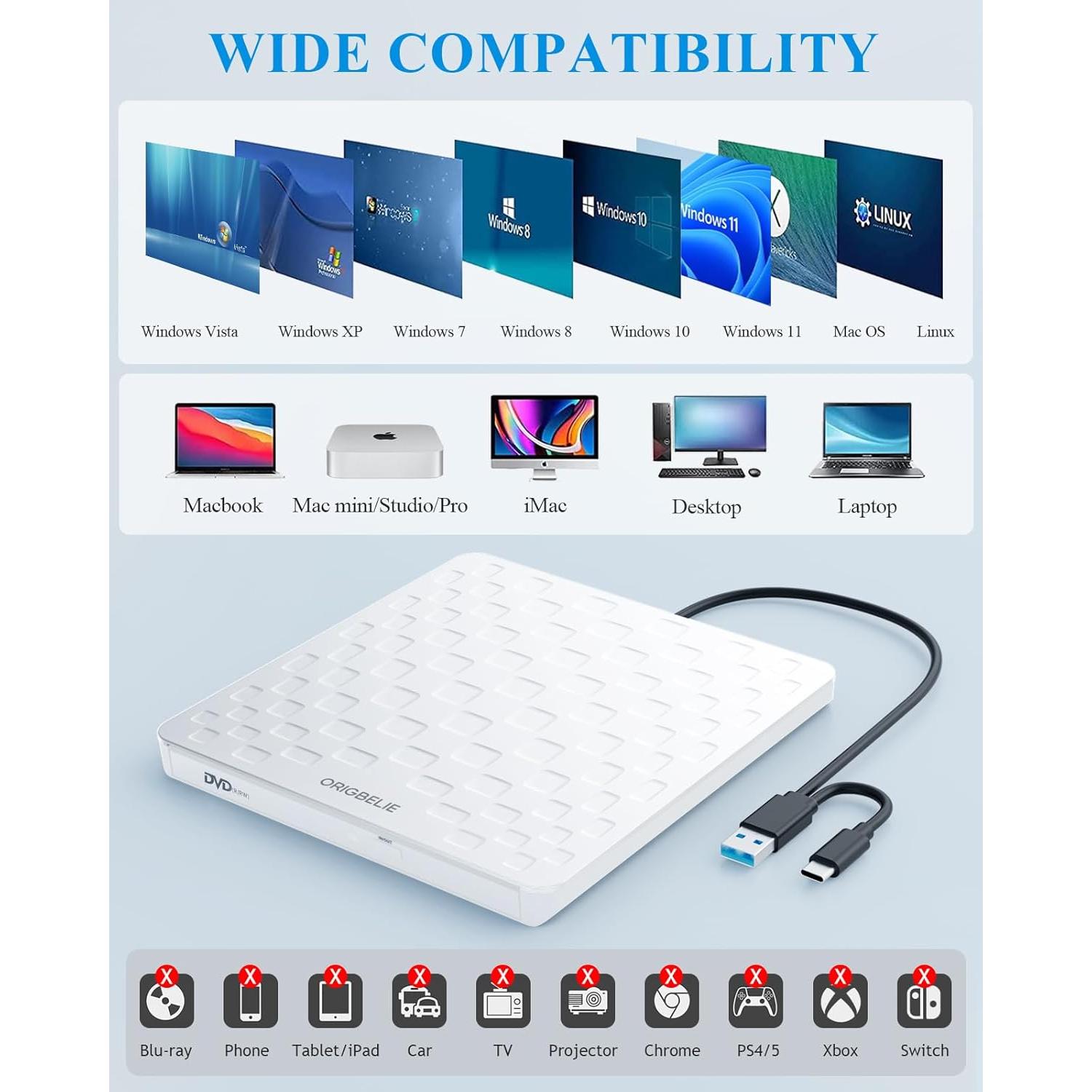 Unidad Externa de CD/DVD ORIGBELIE Blanca Ultra Delgado 13mm