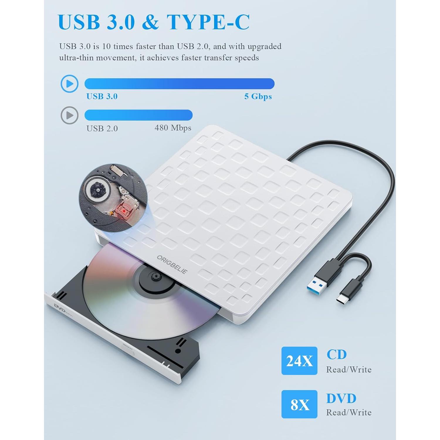 Unidad Externa de CD/DVD ORIGBELIE Blanca Ultra Delgado 13mm