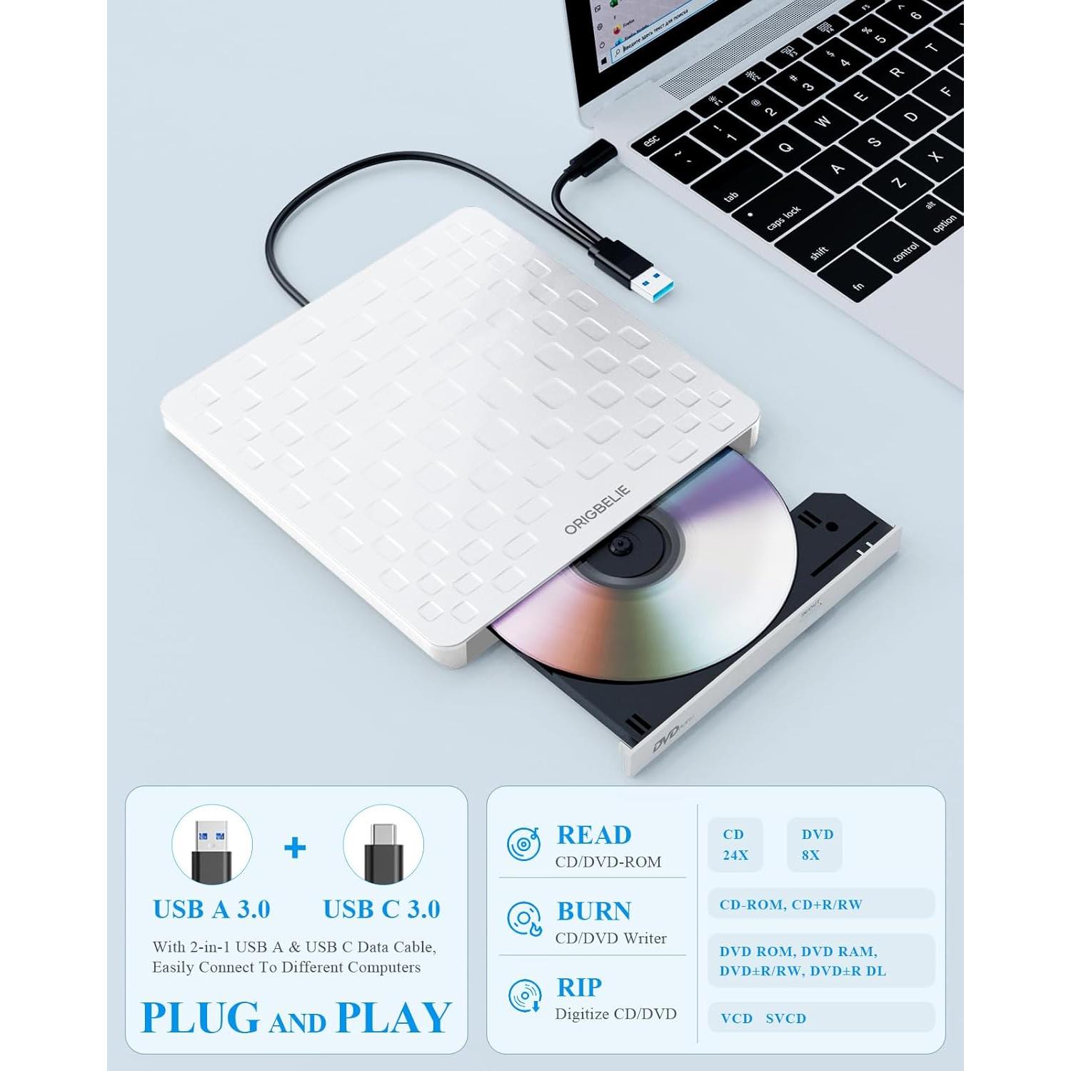 Unidad Externa de CD/DVD ORIGBELIE Blanca Ultra Delgado 13mm