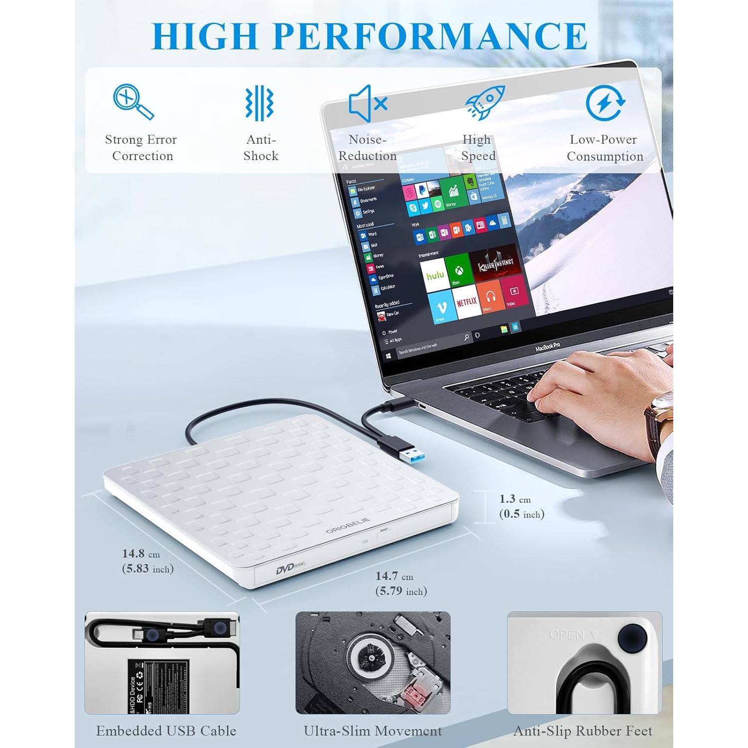 Unidad Externa de CD/DVD ORIGBELIE Blanca Ultra Delgado 13mm