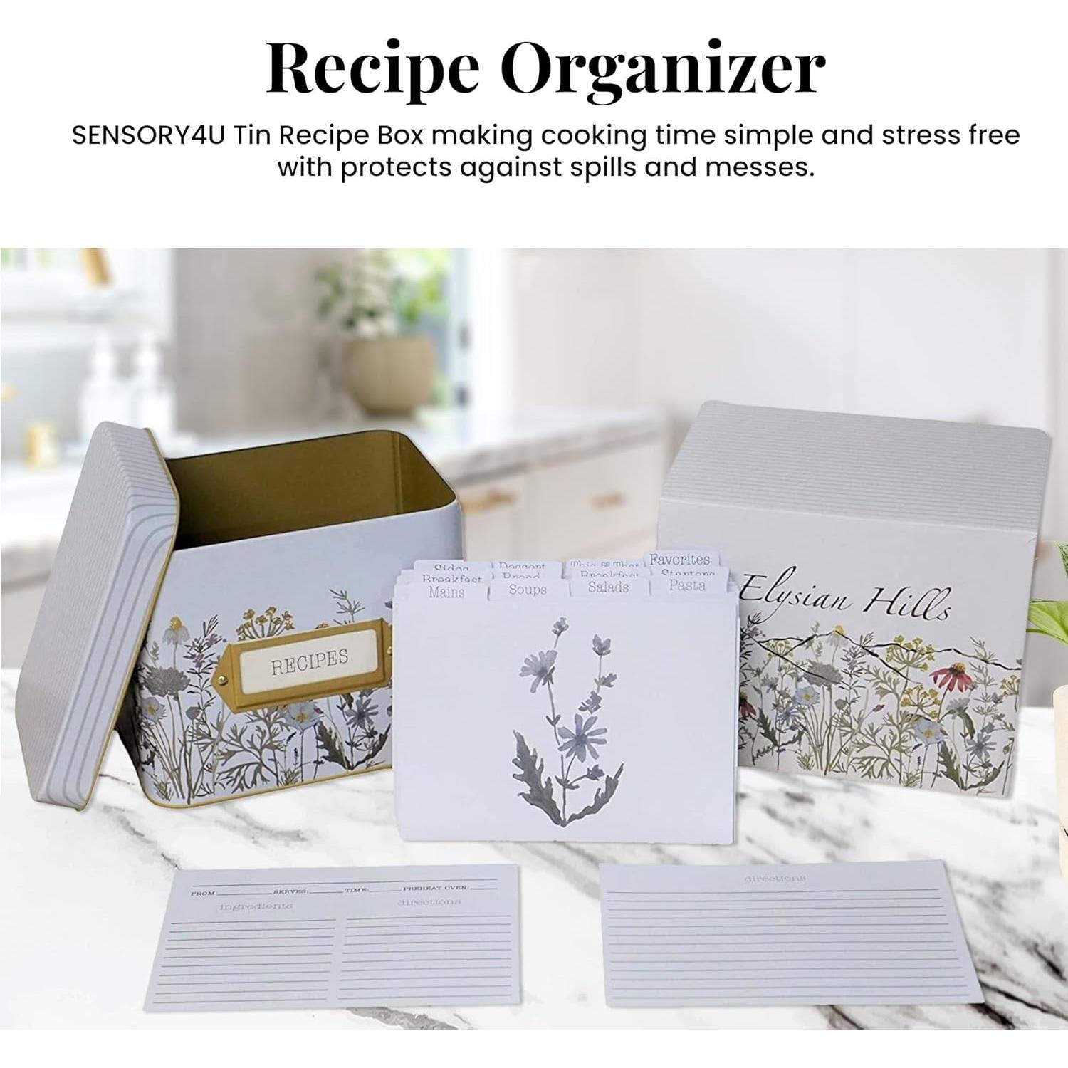 Caja de Recetas de Lata SENSORY4U con 100 Tarjetas y Divisores