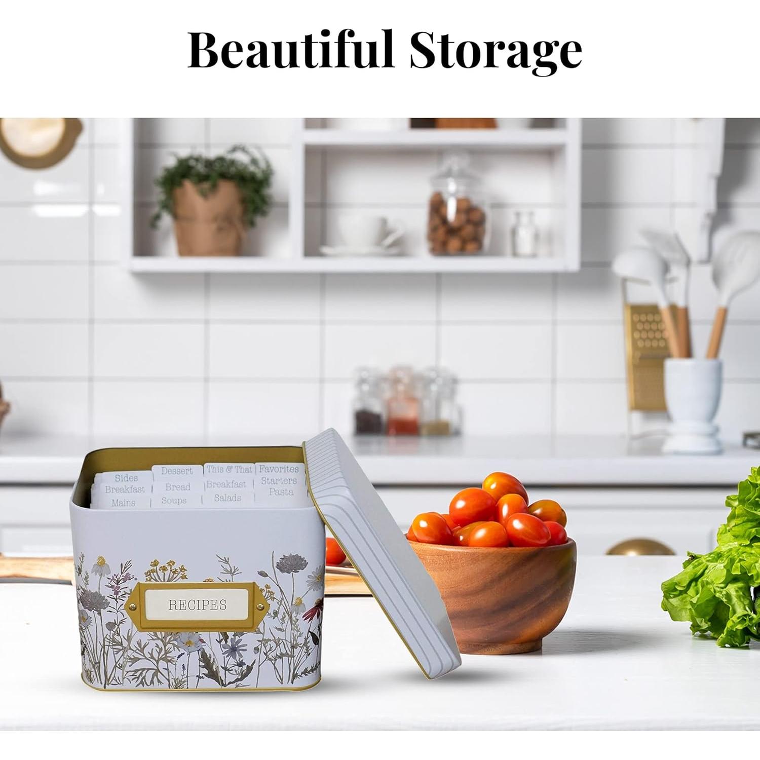 Caja de Recetas de Lata SENSORY4U con 100 Tarjetas y Divisores