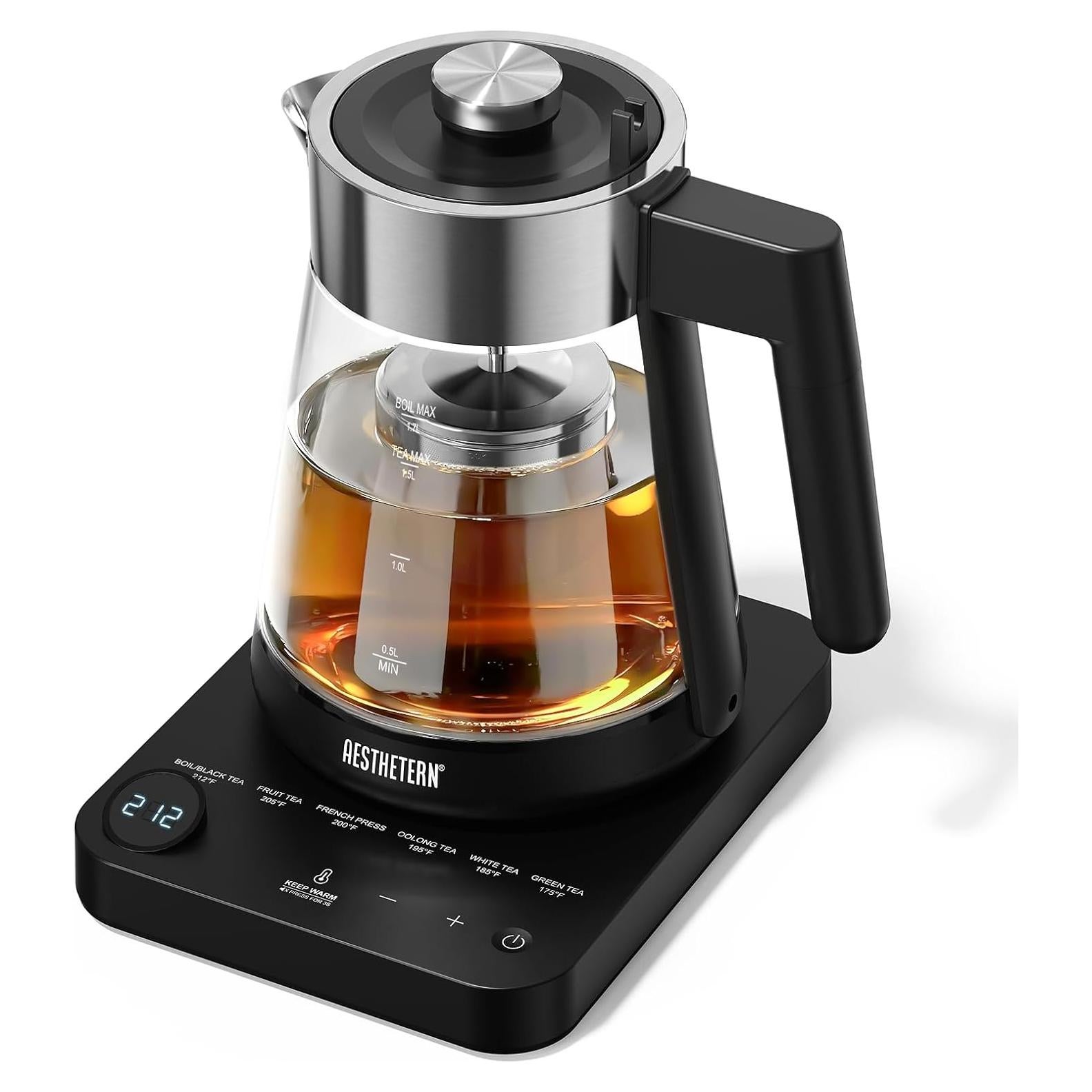 Electric Tea Kettle with Infuser 1.7L Glass Electric Kettle with Temperature Control Automatic Shut Off 12H Keep Warm for Tea Coffee Water Heater, Black