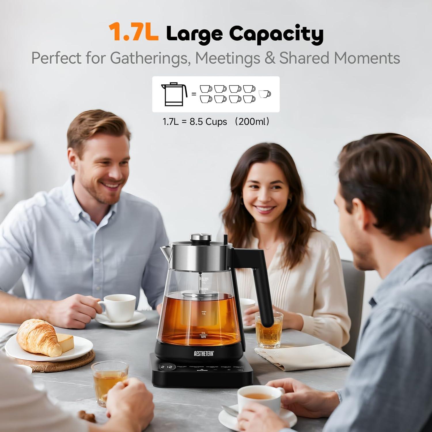 Electric Tea Kettle with Infuser 1.7L Glass Electric Kettle with Temperature Control Automatic Shut Off 12H Keep Warm for Tea Coffee Water Heater, Black