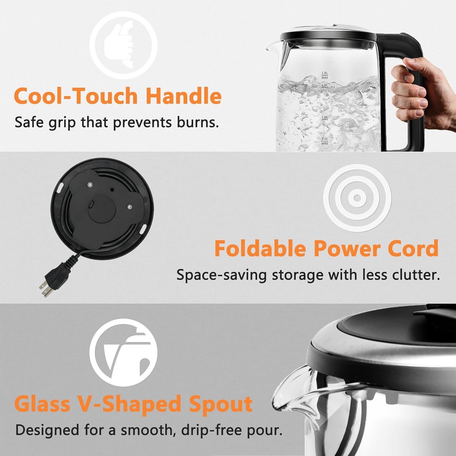 Hervidor eléctrico de vidrio QSLKING 1.8L 1500W con apagado automático