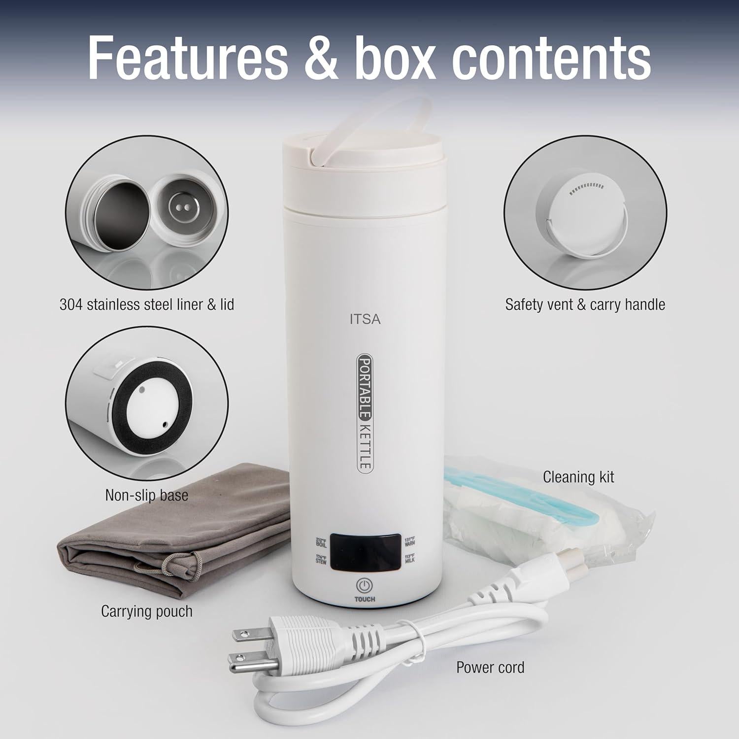 Hervidor Eléctrico Portátil ITSA 500ml Acero Inoxidable 4 Temperaturas