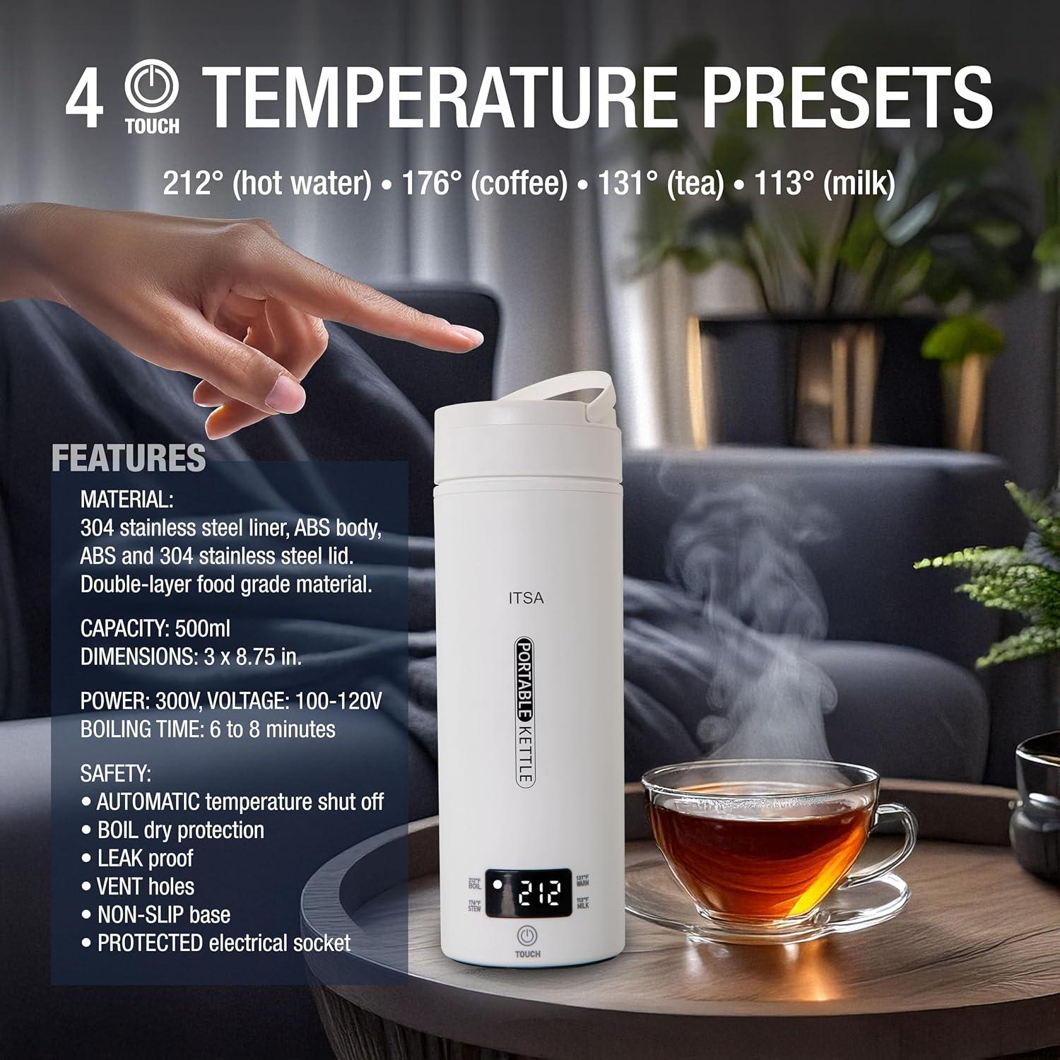 Hervidor Eléctrico Portátil ITSA 500ml Acero Inoxidable 4 Temperaturas