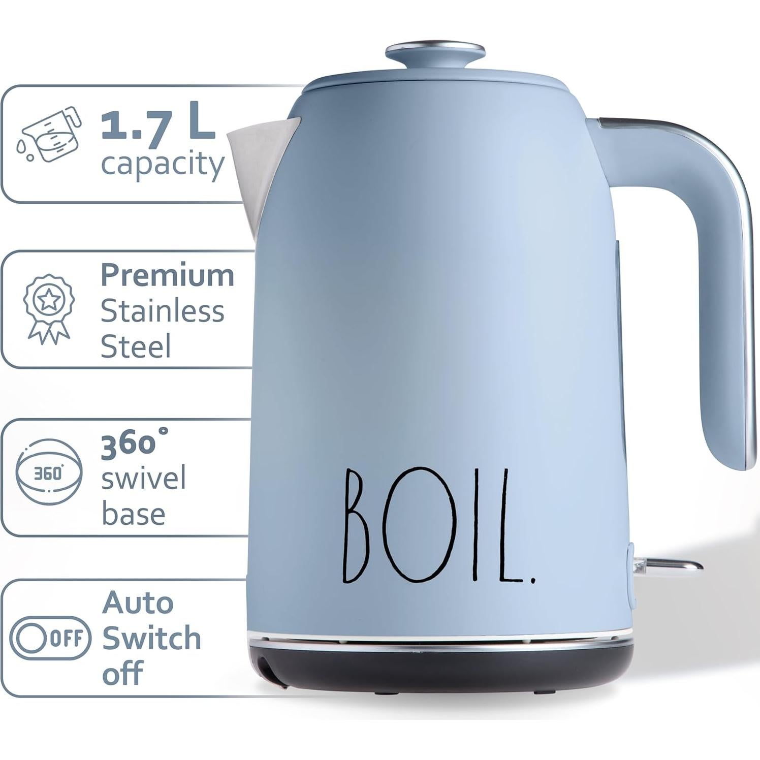 Rae Dunn Electric Hot Water Kettle - Stainless Steel Coffee Maker, Tea Kettle, Swivel Base, With Automatic Shut Off Boil-Dry Protection, Easy Pour, 1500 Watt Boiling Power, 1.7 Liters, Baby Blue