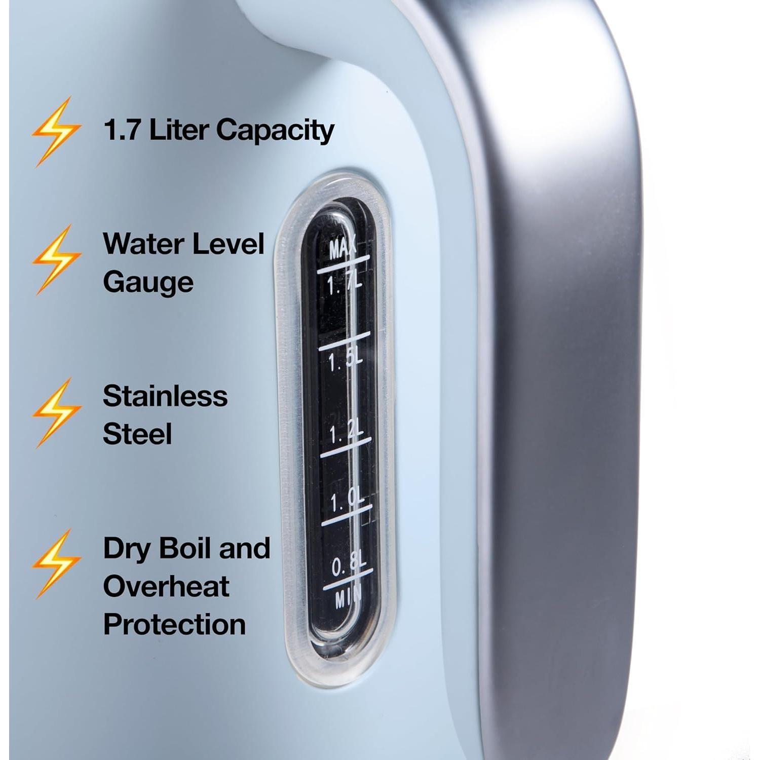 Rae Dunn Electric Hot Water Kettle - Stainless Steel Coffee Maker, Tea Kettle, Swivel Base, With Automatic Shut Off Boil-Dry Protection, Easy Pour, 1500 Watt Boiling Power, 1.7 Liters, Baby Blue