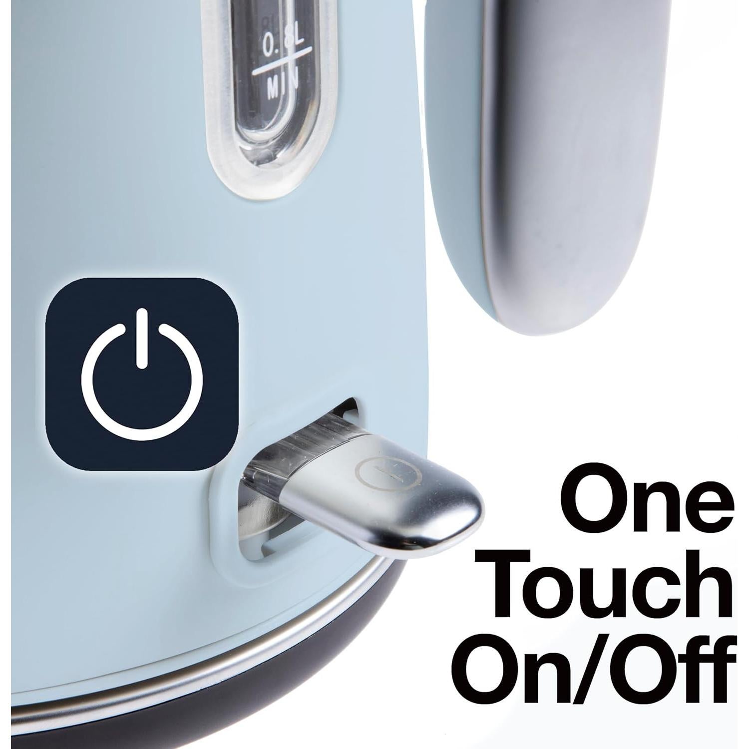 Rae Dunn Electric Hot Water Kettle - Stainless Steel Coffee Maker, Tea Kettle, Swivel Base, With Automatic Shut Off Boil-Dry Protection, Easy Pour, 1500 Watt Boiling Power, 1.7 Liters, Baby Blue