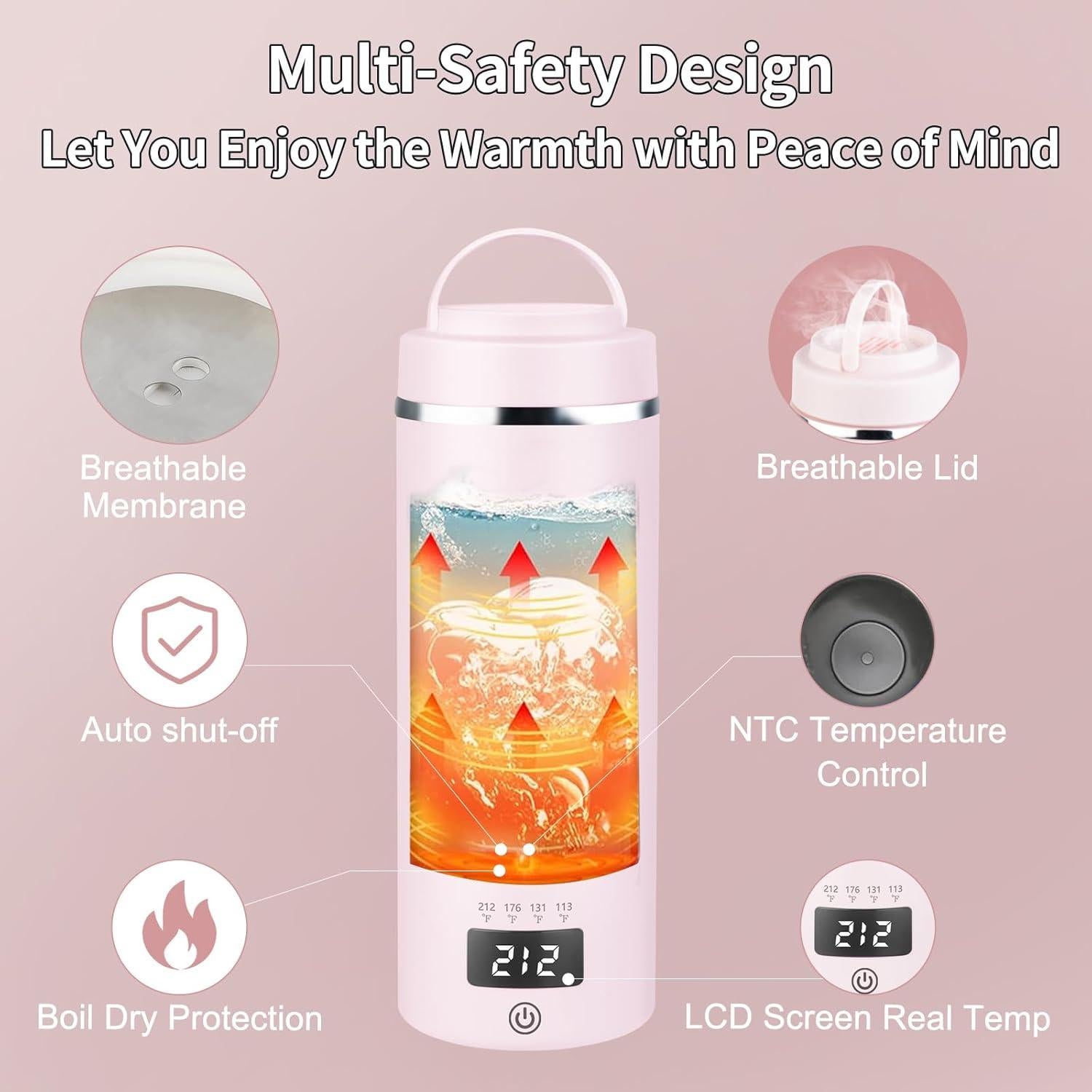 Hervidor eléctrico portátil JEKABA 16oz Rosa con USB y CA