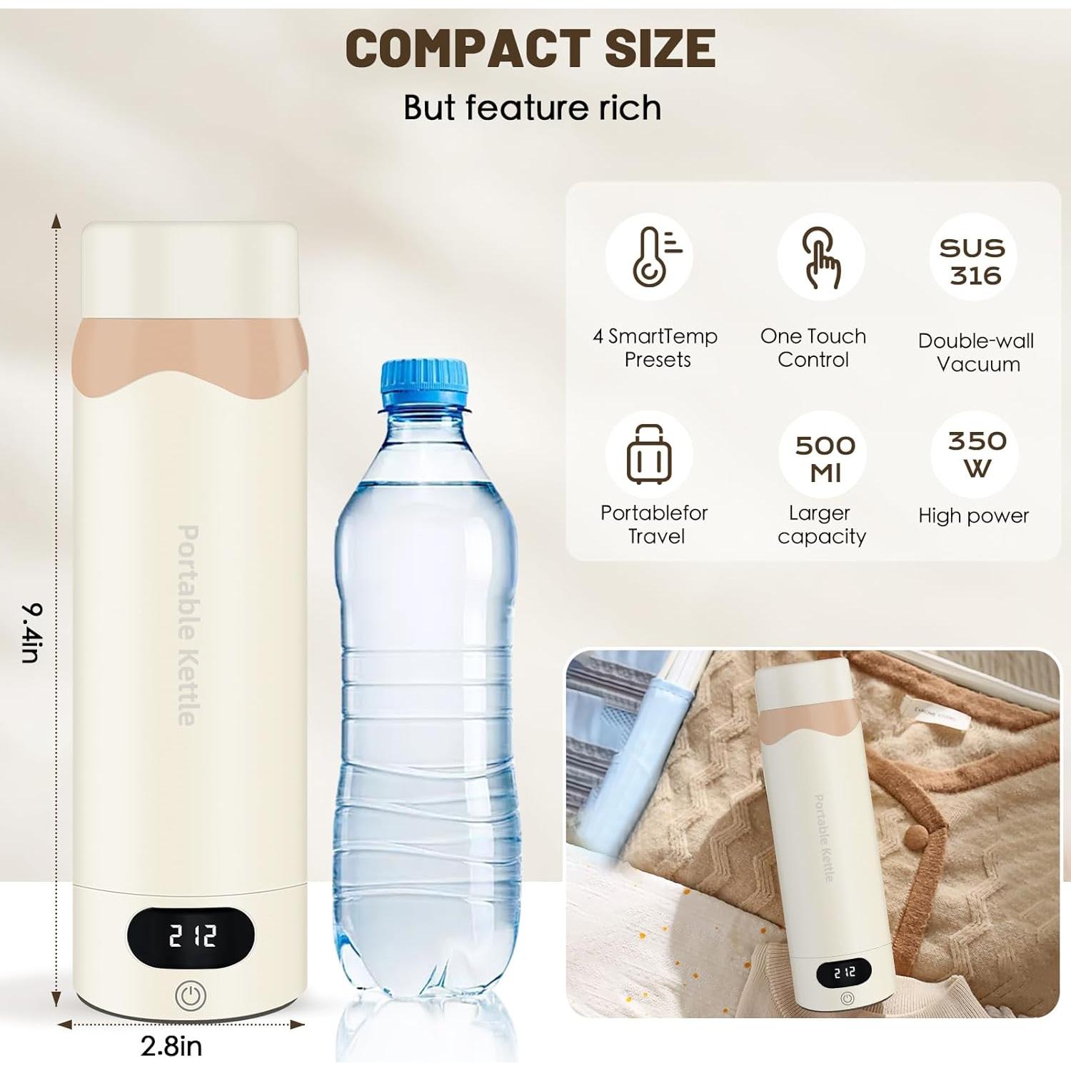 Hervidor Eléctrico Portátil AerRoll 500mL Acero Inoxidable 316