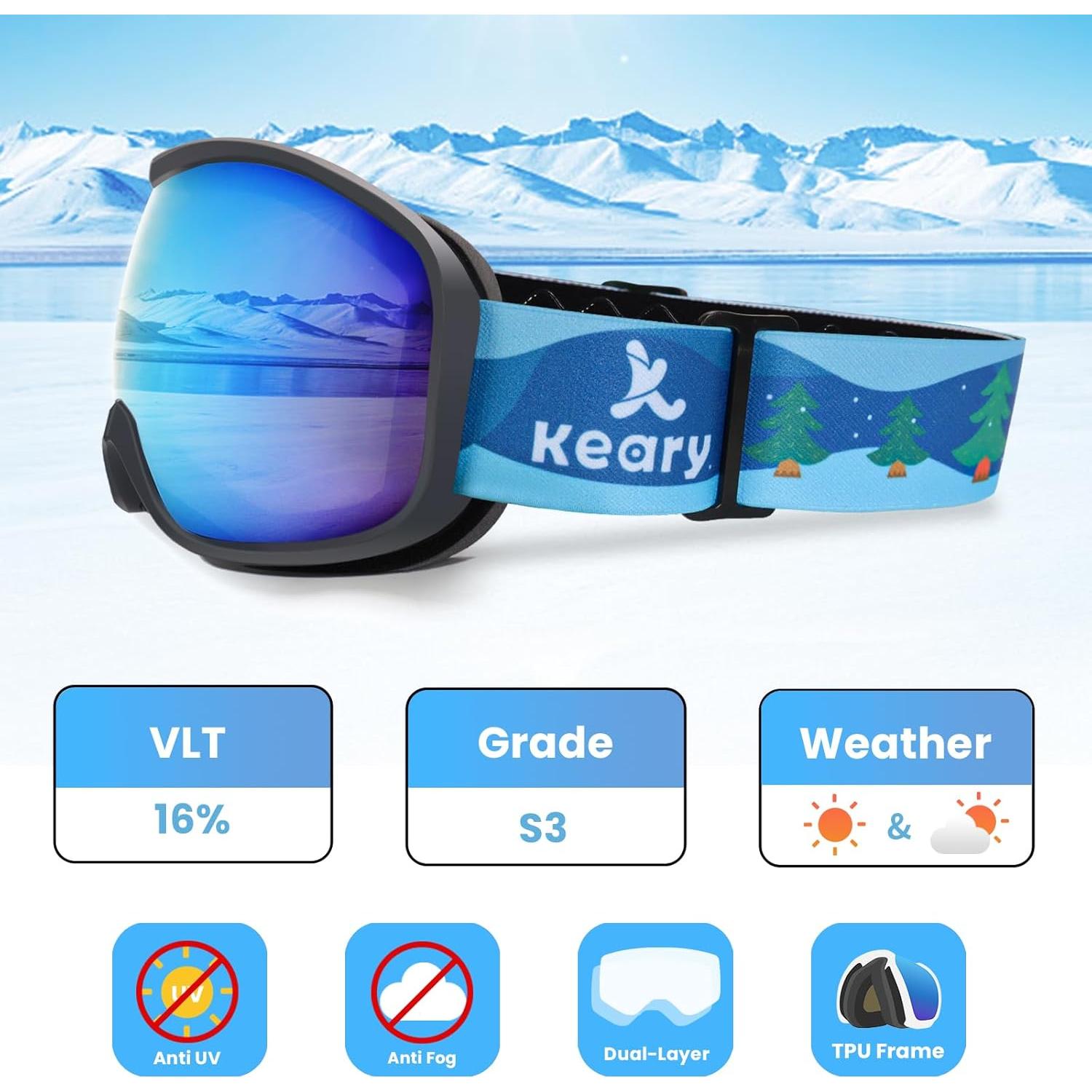 Gafas de Esquí Keary para Niños 3-14 Años UV Anti-Niebla