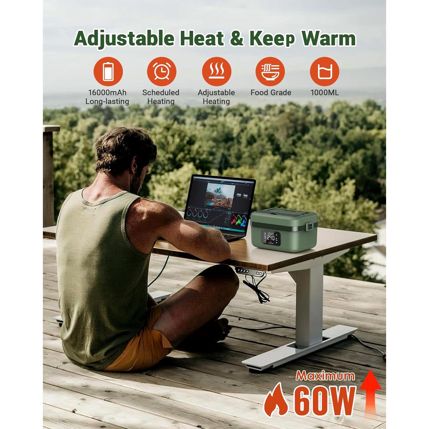 Caja de Almuerzo Eléctrica ODSD 1L Recargable Verde con Temporizador