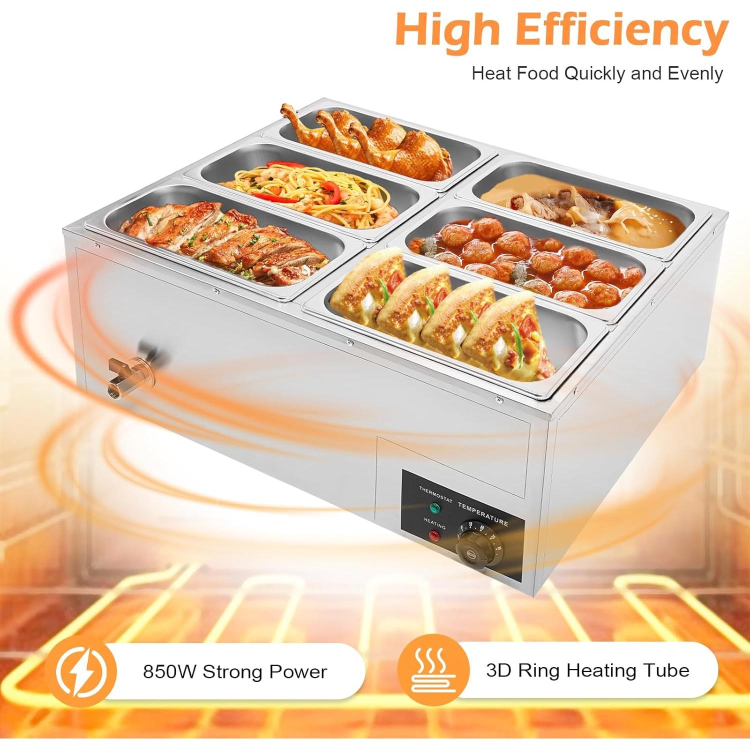 Calentador de Comida Eléctrico Upthehill 6-Pan 850W Acero Inoxidable