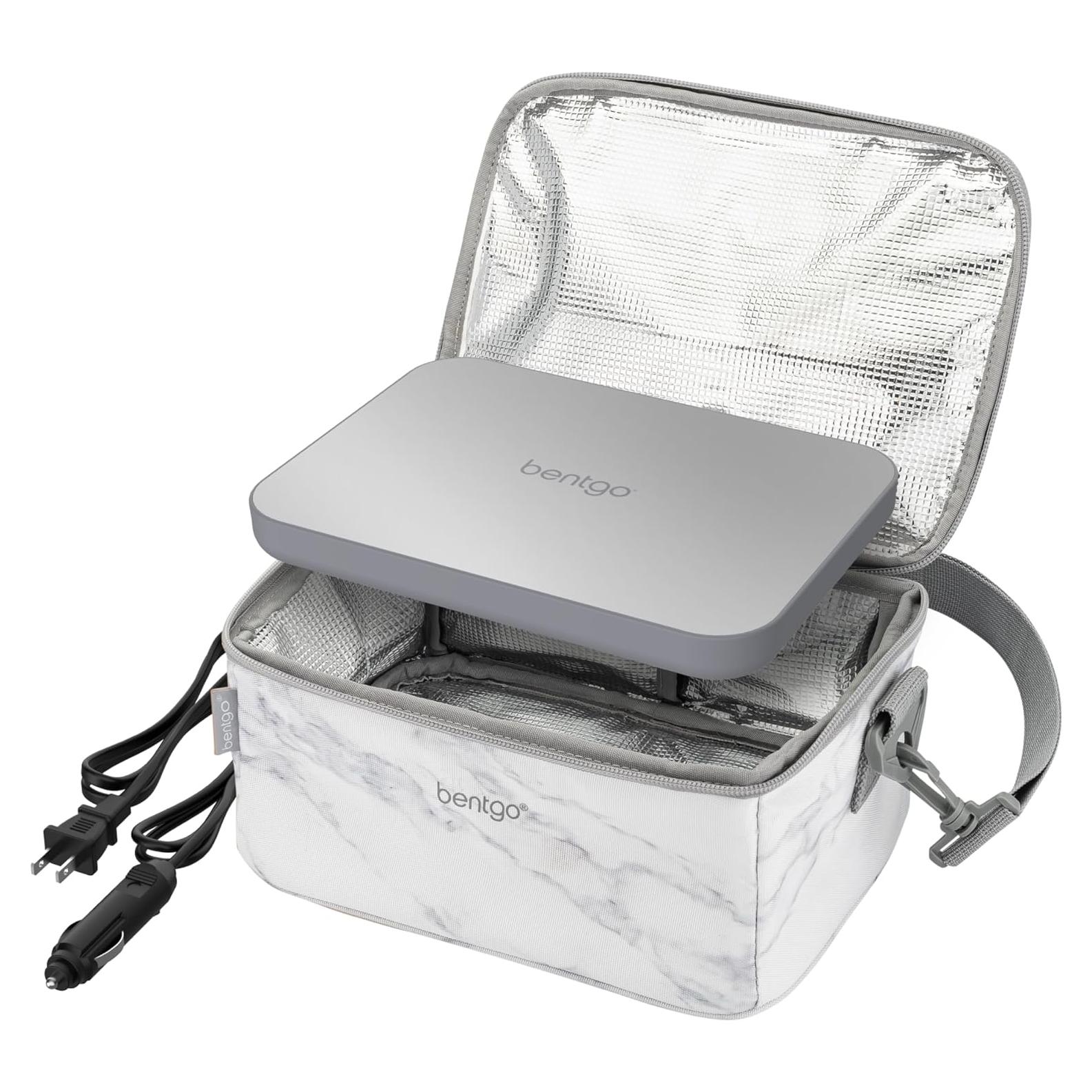 Bentgo Heat - Electric Lunch Bag & Food Warmer for Reheating Meals in Car, at Work & More - Heated Lunch Box Warmer for Adults, Students & Shift Workers, 12V/24V Auto & 120V Wall Cords (White Marble)