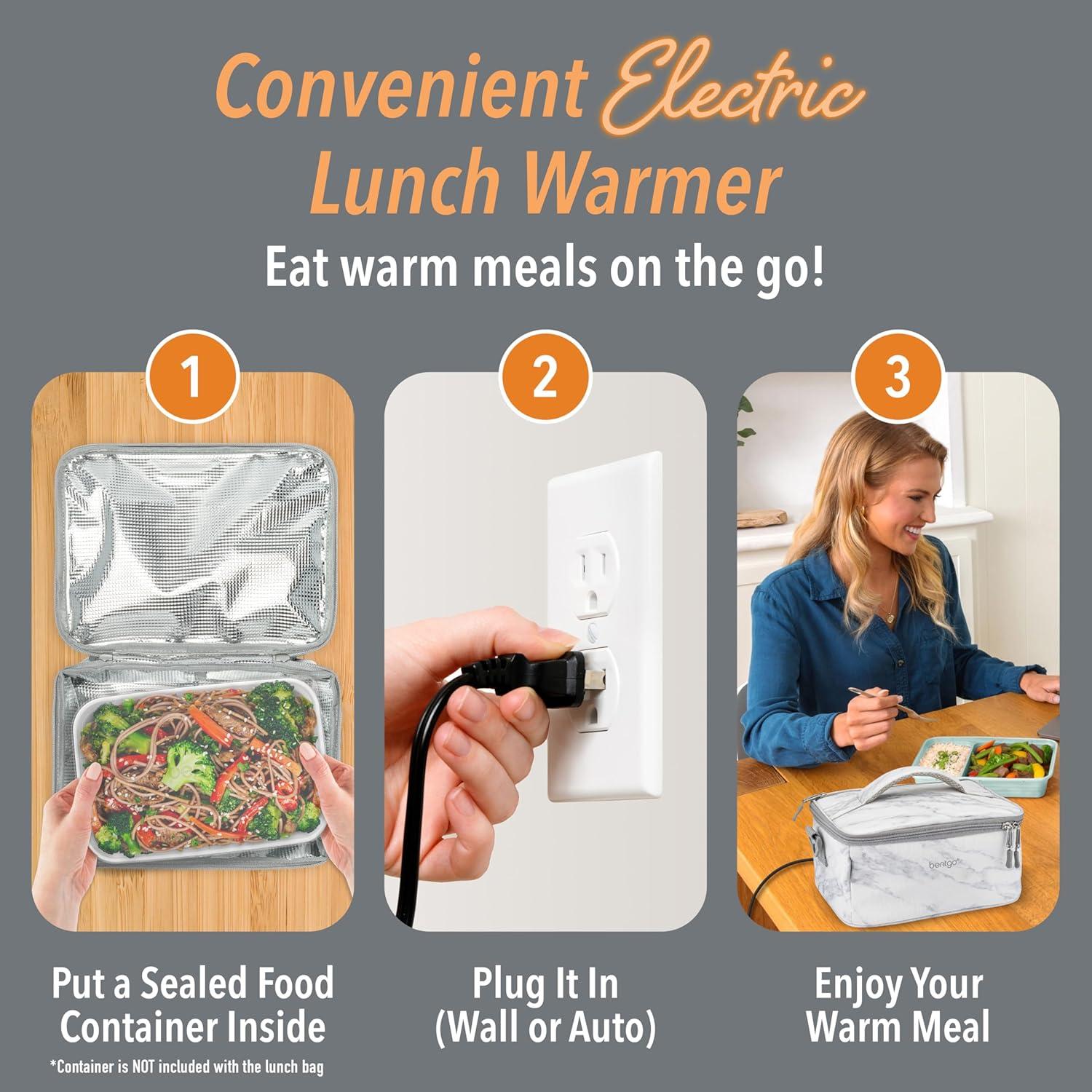 Bentgo Heat - Electric Lunch Bag & Food Warmer for Reheating Meals in Car, at Work & More - Heated Lunch Box Warmer for Adults, Students & Shift Workers, 12V/24V Auto & 120V Wall Cords (White Marble)