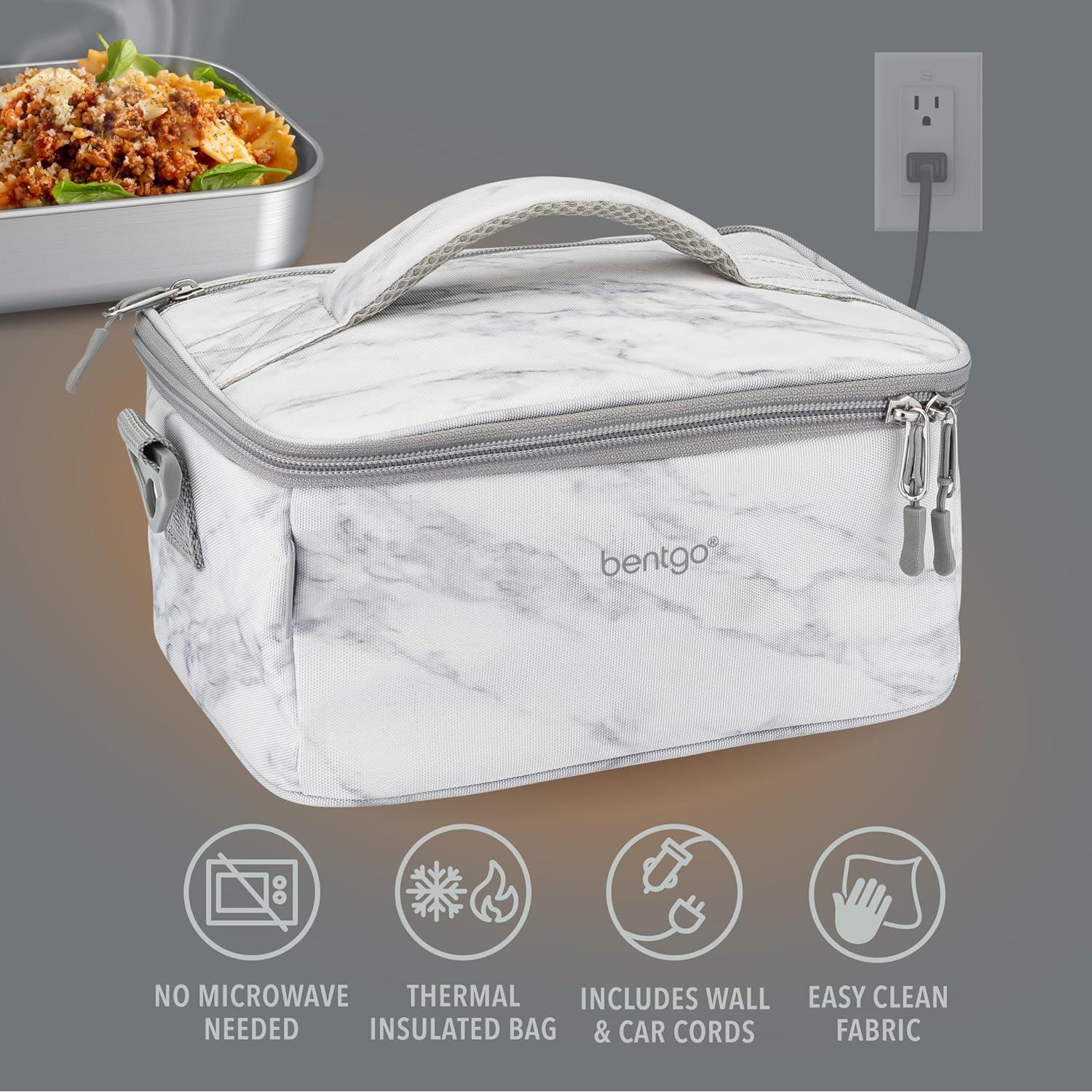 Bentgo Heat - Electric Lunch Bag & Food Warmer for Reheating Meals in Car, at Work & More - Heated Lunch Box Warmer for Adults, Students & Shift Workers, 12V/24V Auto & 120V Wall Cords (White Marble)