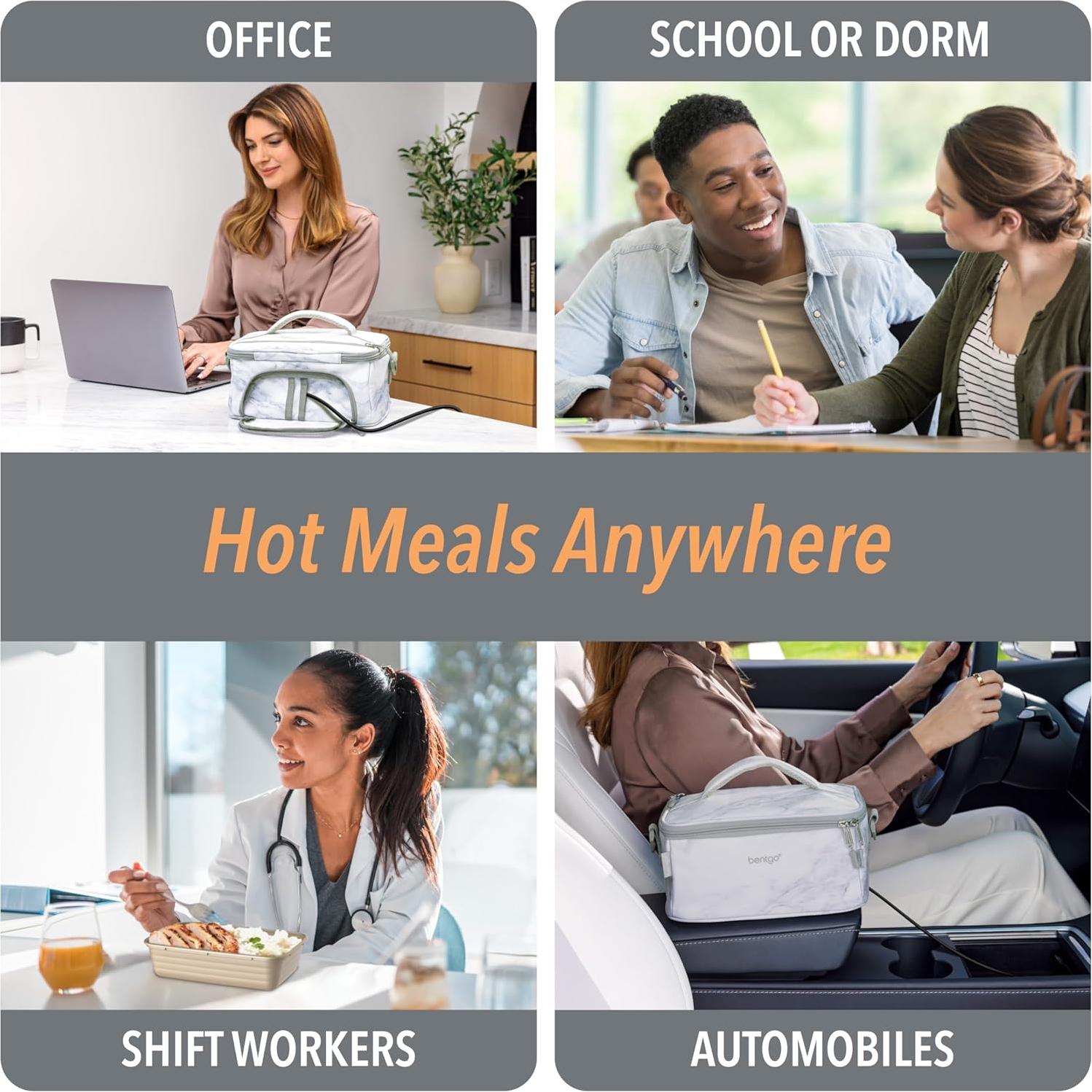 Bentgo Heat - Electric Lunch Bag & Food Warmer for Reheating Meals in Car, at Work & More - Heated Lunch Box Warmer for Adults, Students & Shift Workers, 12V/24V Auto & 120V Wall Cords (White Marble)