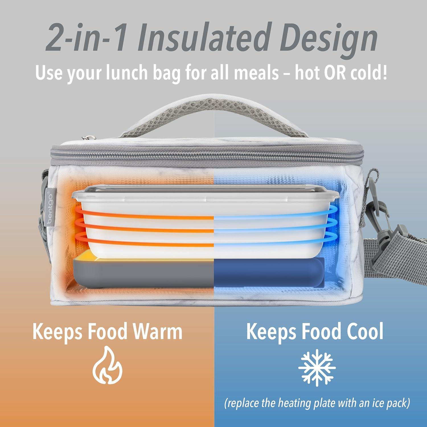 Bentgo Heat - Electric Lunch Bag & Food Warmer for Reheating Meals in Car, at Work & More - Heated Lunch Box Warmer for Adults, Students & Shift Workers, 12V/24V Auto & 120V Wall Cords (White Marble)