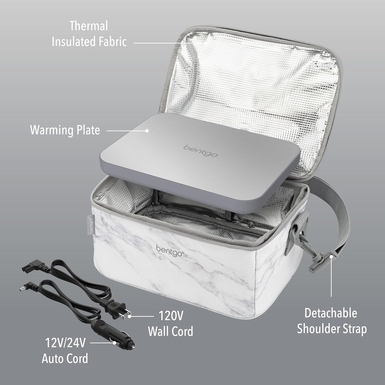 Bentgo Heat - Electric Lunch Bag & Food Warmer for Reheating Meals in Car, at Work & More - Heated Lunch Box Warmer for Adults, Students & Shift Workers, 12V/24V Auto & 120V Wall Cords (White Marble)