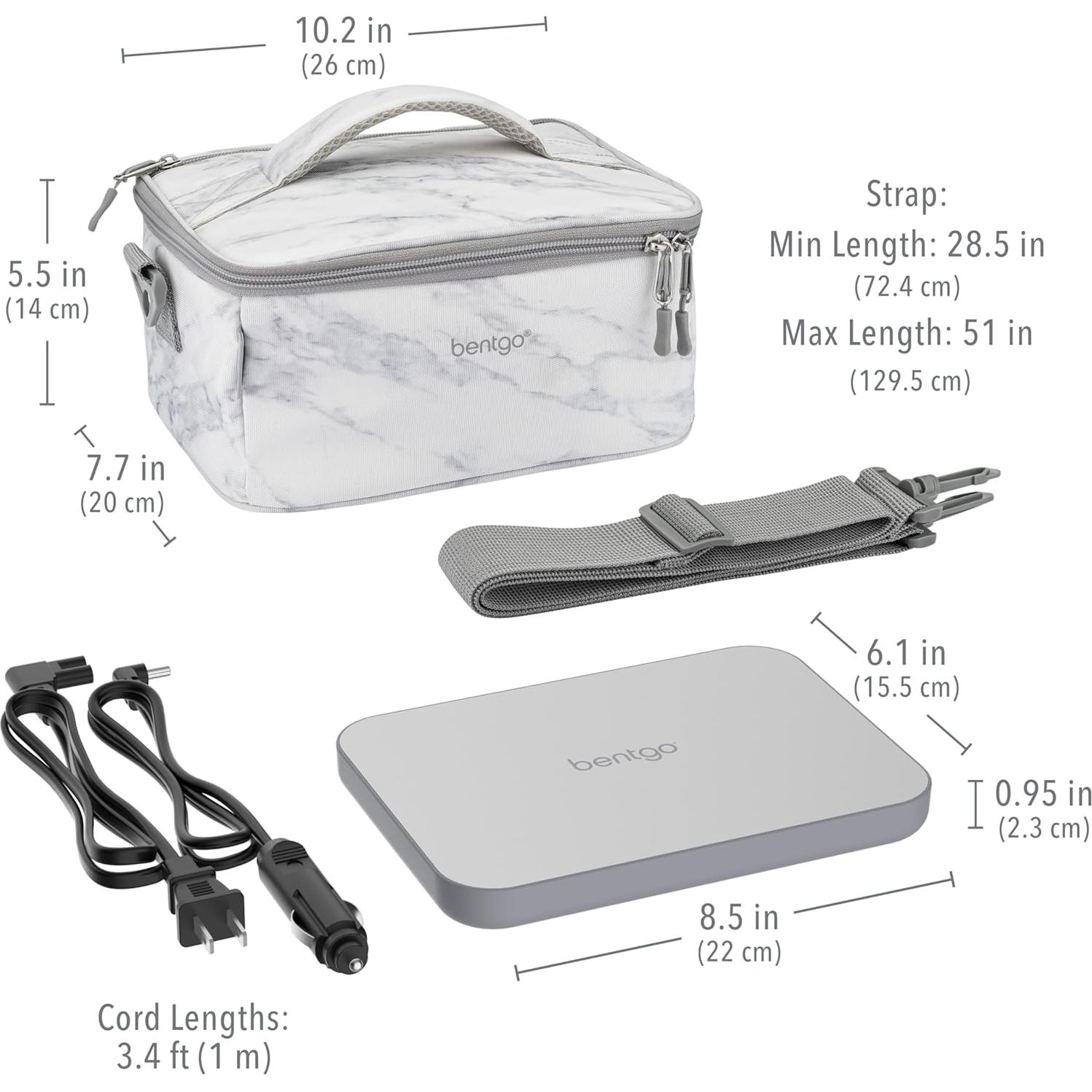 Bentgo Heat - Electric Lunch Bag & Food Warmer for Reheating Meals in Car, at Work & More - Heated Lunch Box Warmer for Adults, Students & Shift Workers, 12V/24V Auto & 120V Wall Cords (White Marble)