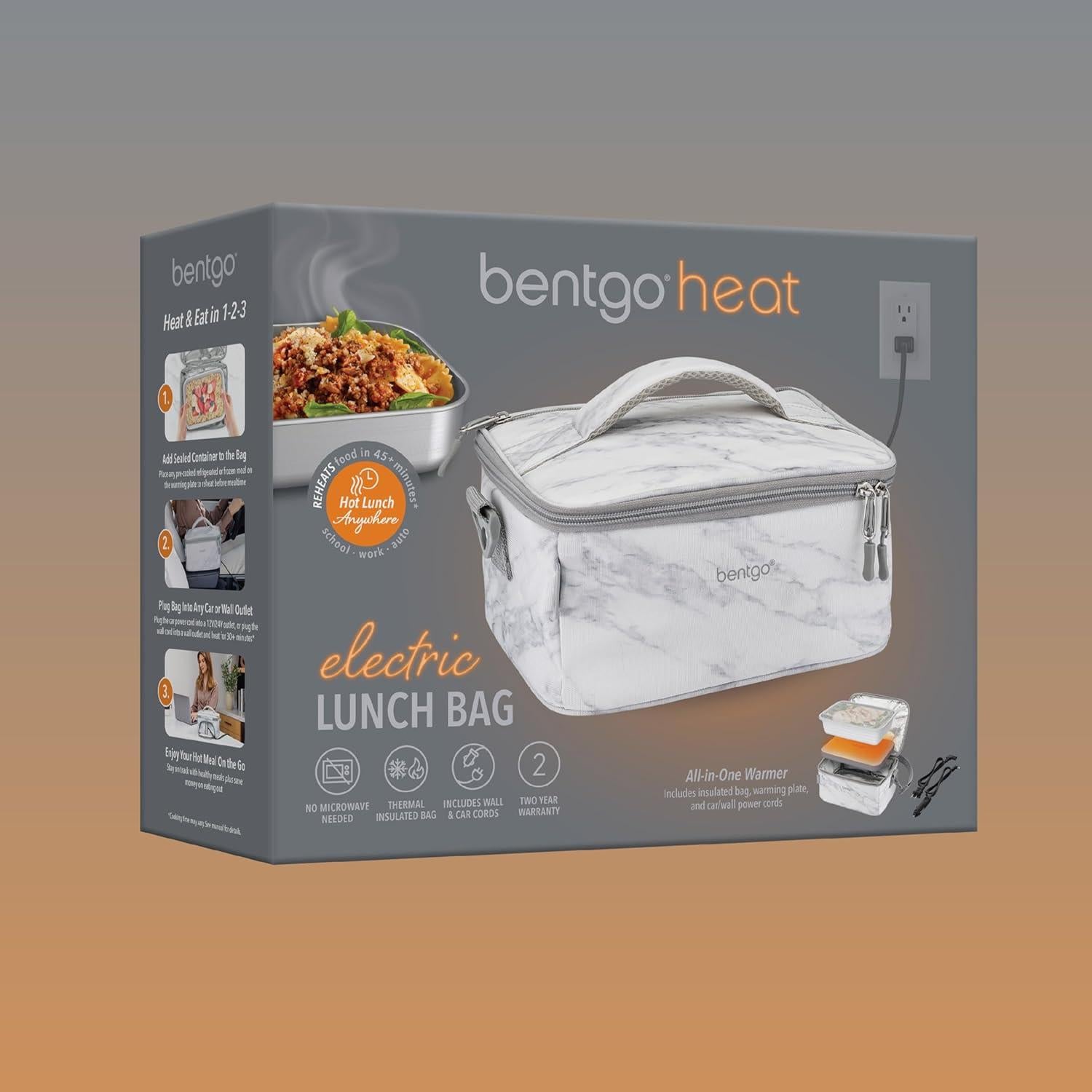 Bentgo Heat - Electric Lunch Bag & Food Warmer for Reheating Meals in Car, at Work & More - Heated Lunch Box Warmer for Adults, Students & Shift Workers, 12V/24V Auto & 120V Wall Cords (White Marble)