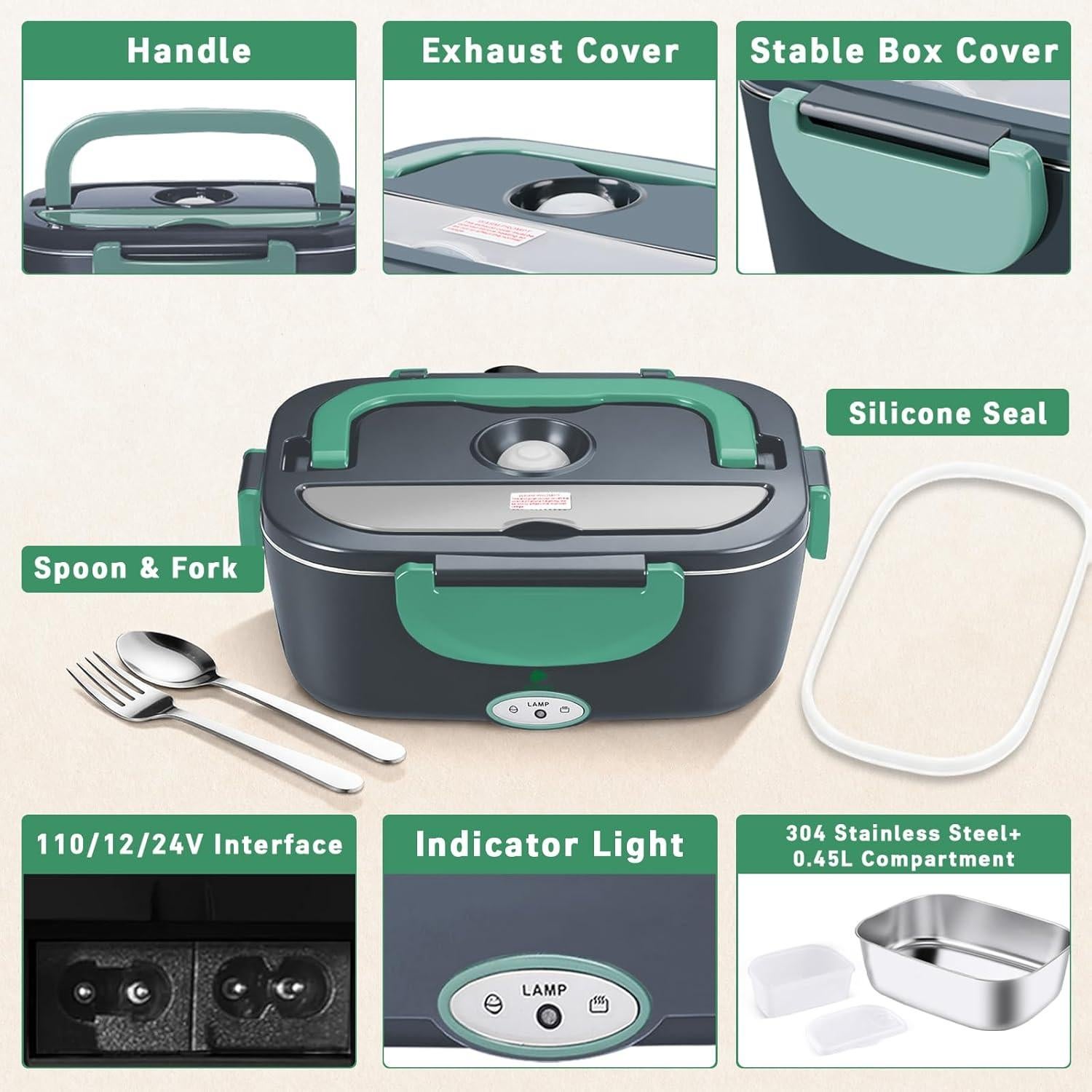 Caja de Almuerzo Eléctrica Andmenow 1.5L Verde Gris 80W